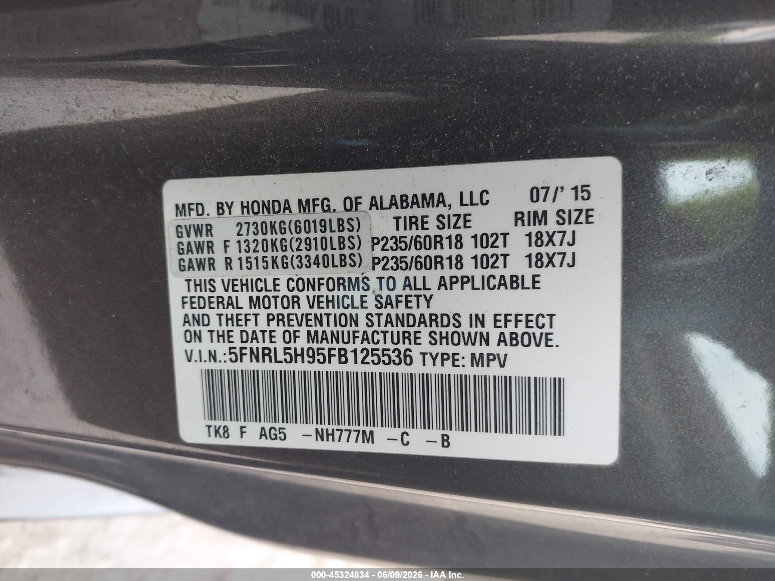 2015 Honda Odyssey Touring/touring Elite Brown vin: 5FNRL5H95FB125536