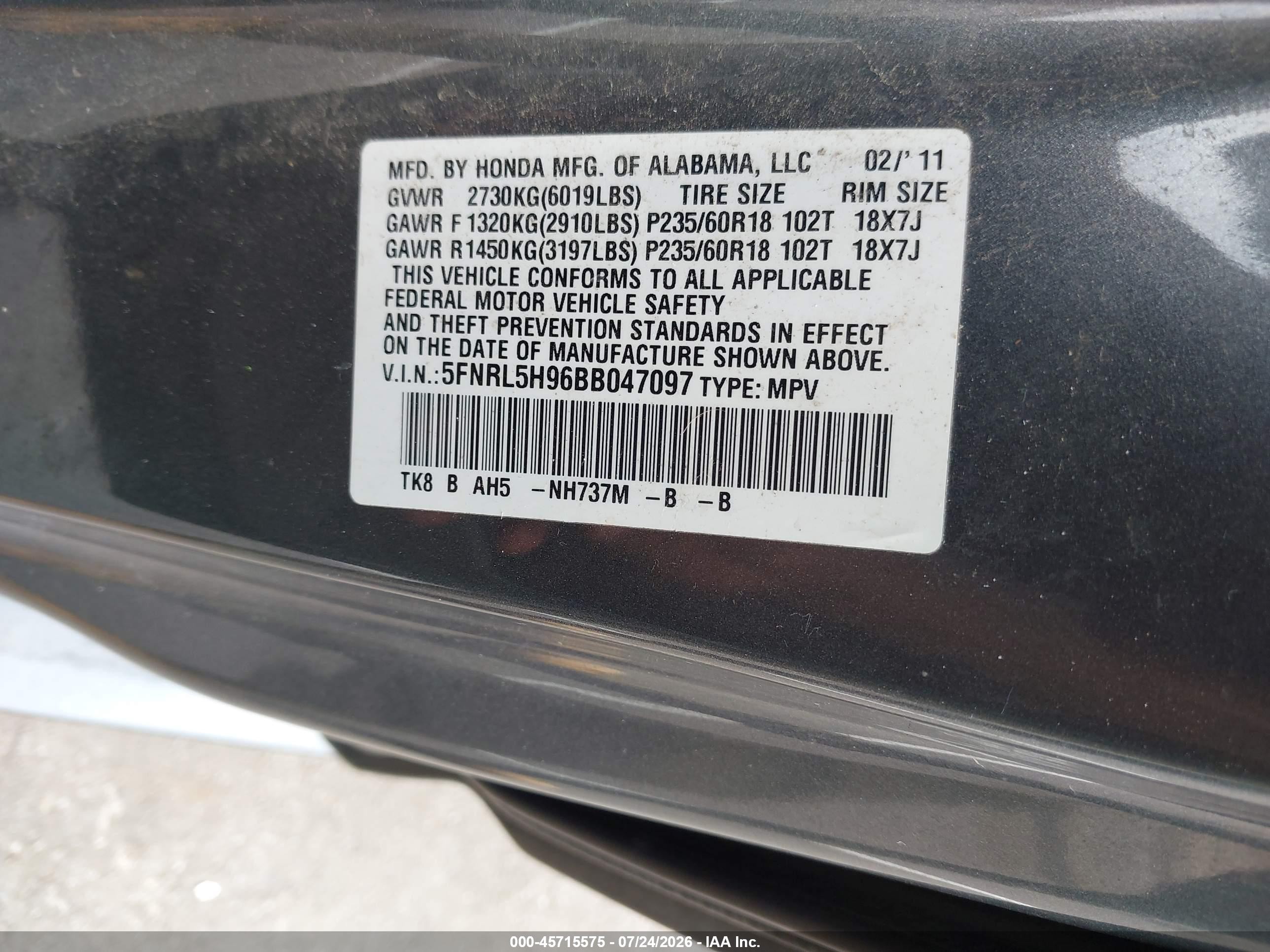 2011 Honda Odyssey Touring/touring Elite Gray vin: 5FNRL5H96BB047097