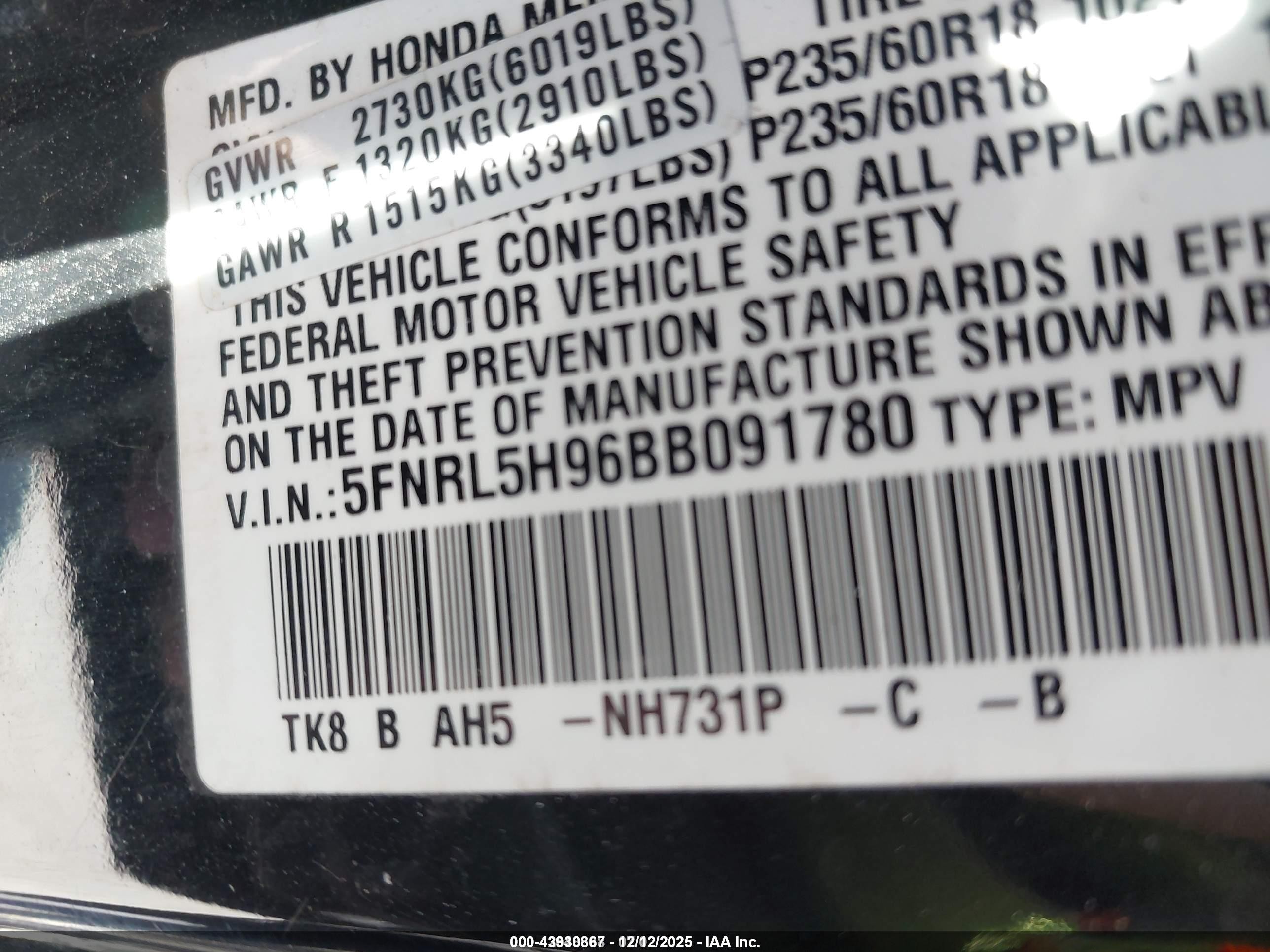 2011 Honda Odyssey Touring/touring Elite Black vin: 5FNRL5H96BB091780