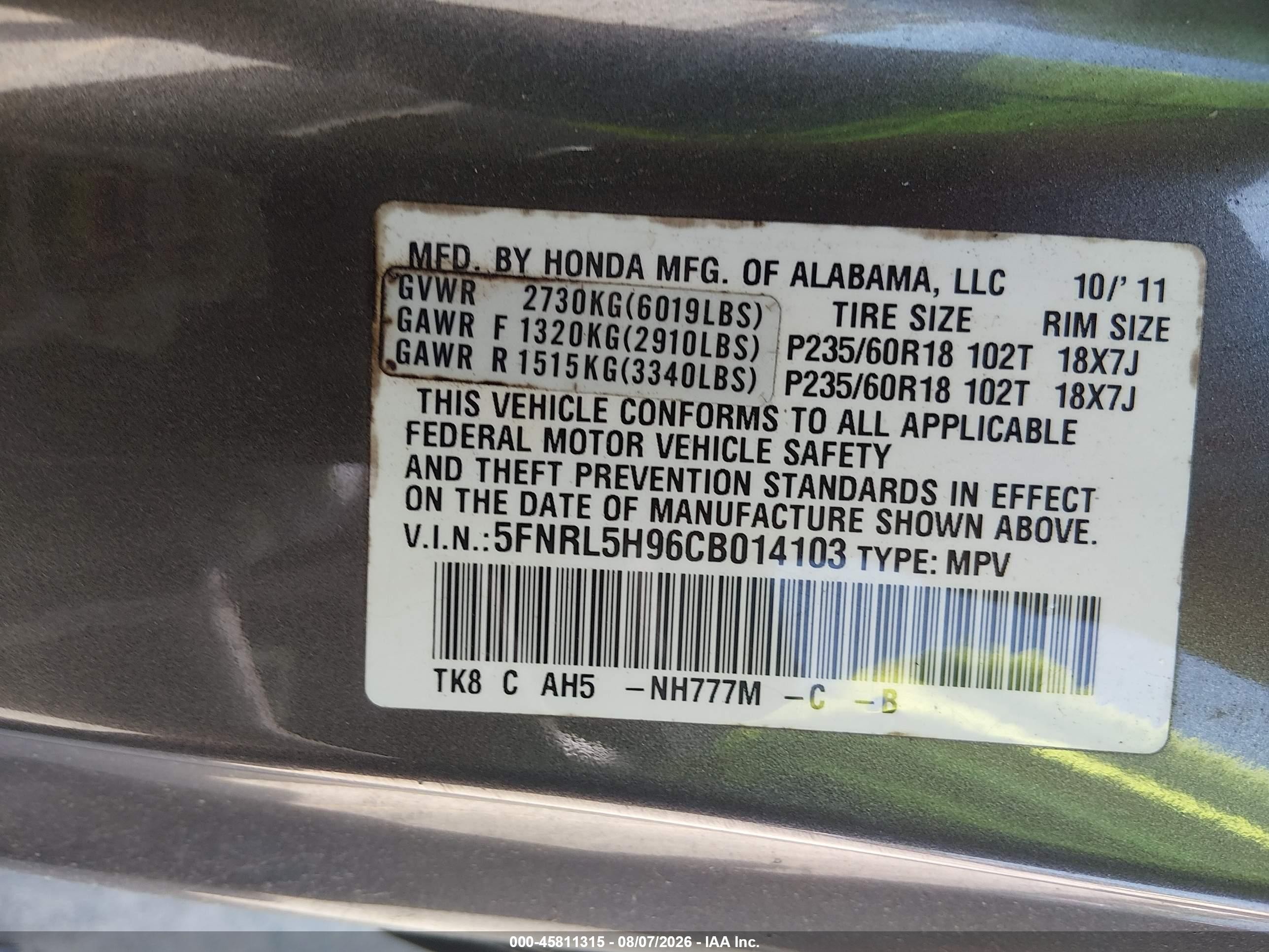 2012 Honda Odyssey Touring/touring Elite Gray vin: 5FNRL5H96CB014103