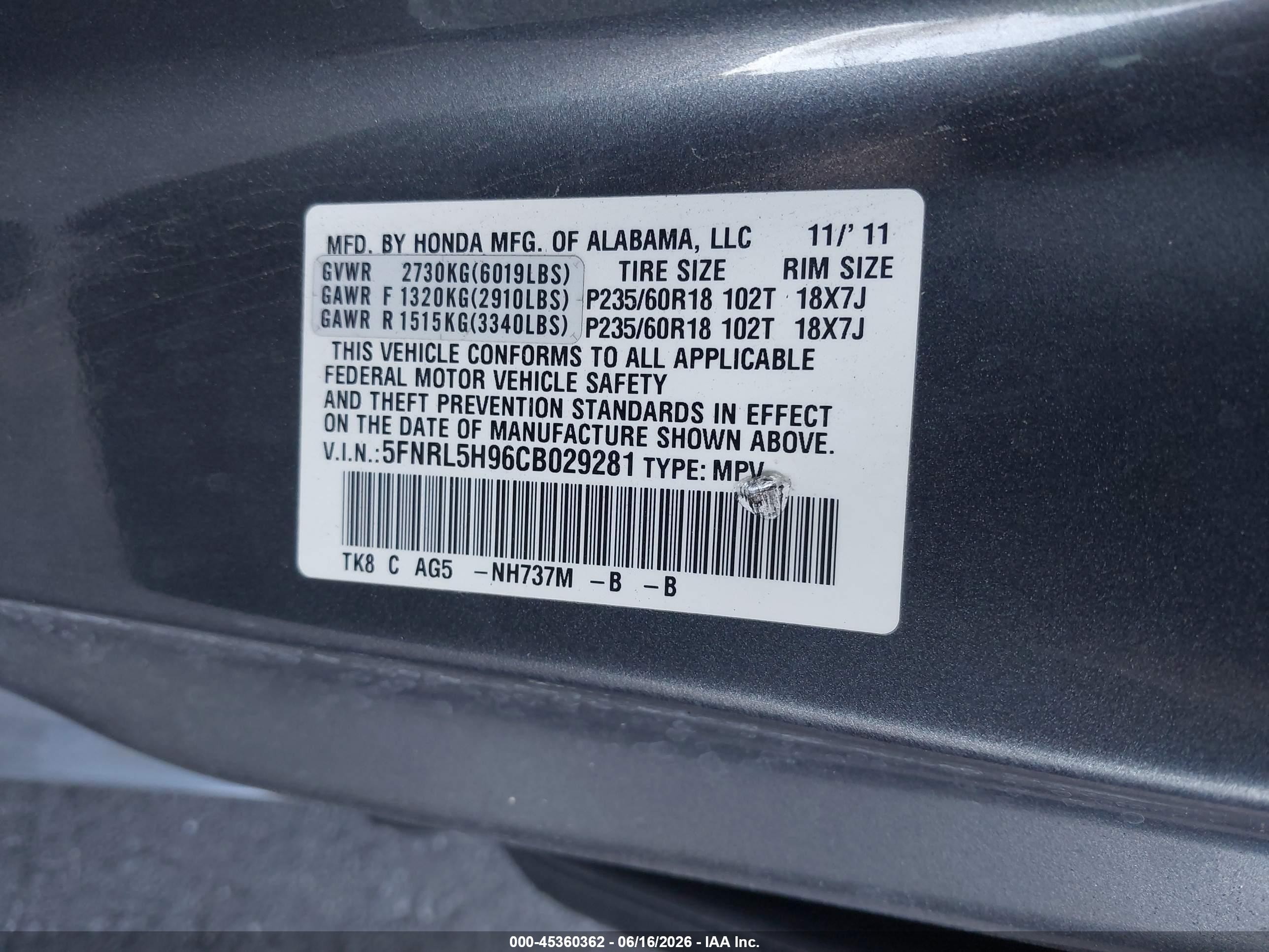 2012 Honda Odyssey Touring/touring Elite Gray vin: 5FNRL5H96CB029281