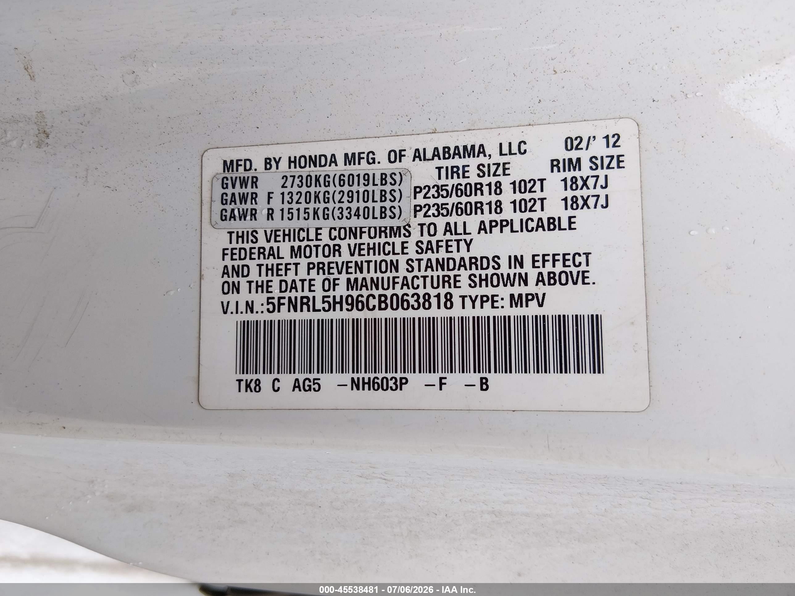 2012 Honda Odyssey Touring/touring Elite Белый vin: 5FNRL5H96CB063818