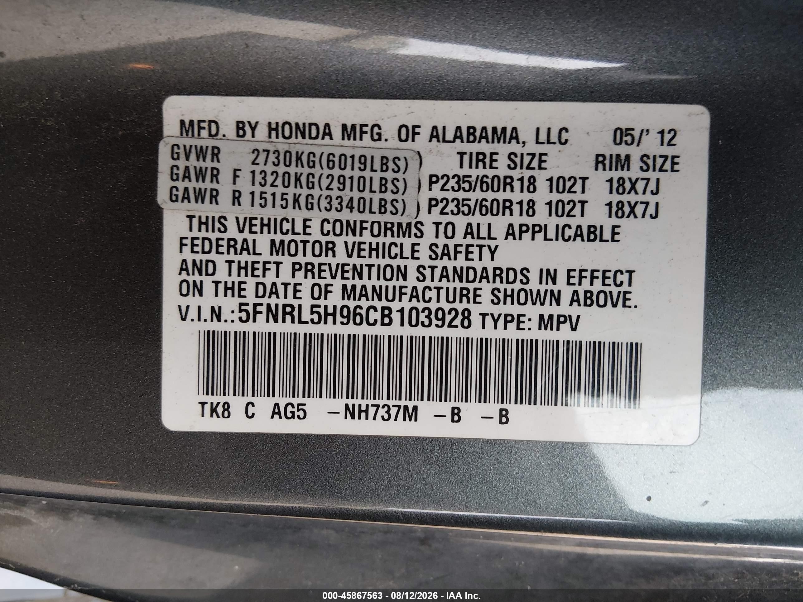 2012 Honda Odyssey Touring/touring Elite Gray vin: 5FNRL5H96CB103928
