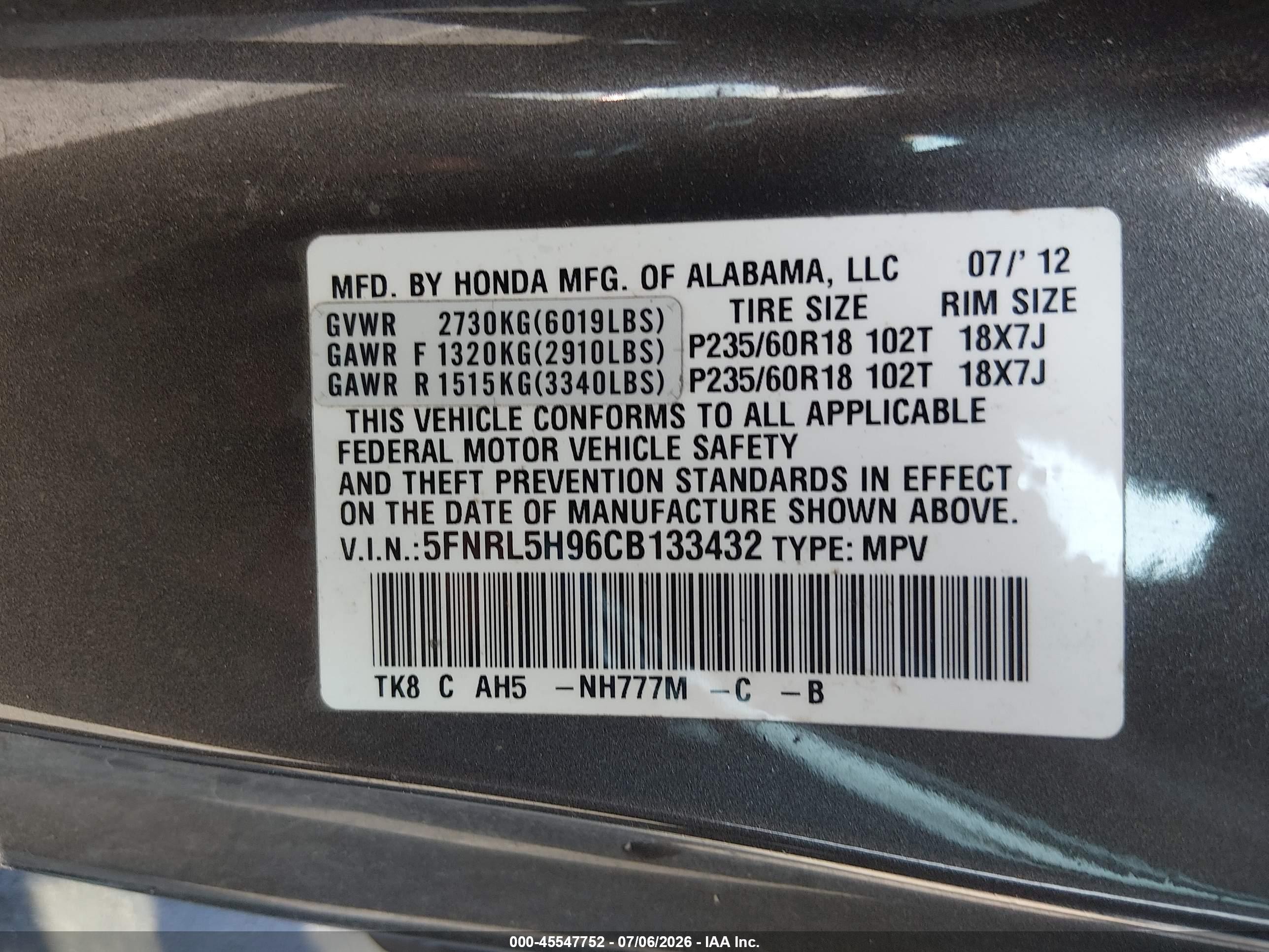 2012 Honda Odyssey Touring/touring Elite Gray vin: 5FNRL5H96CB133432