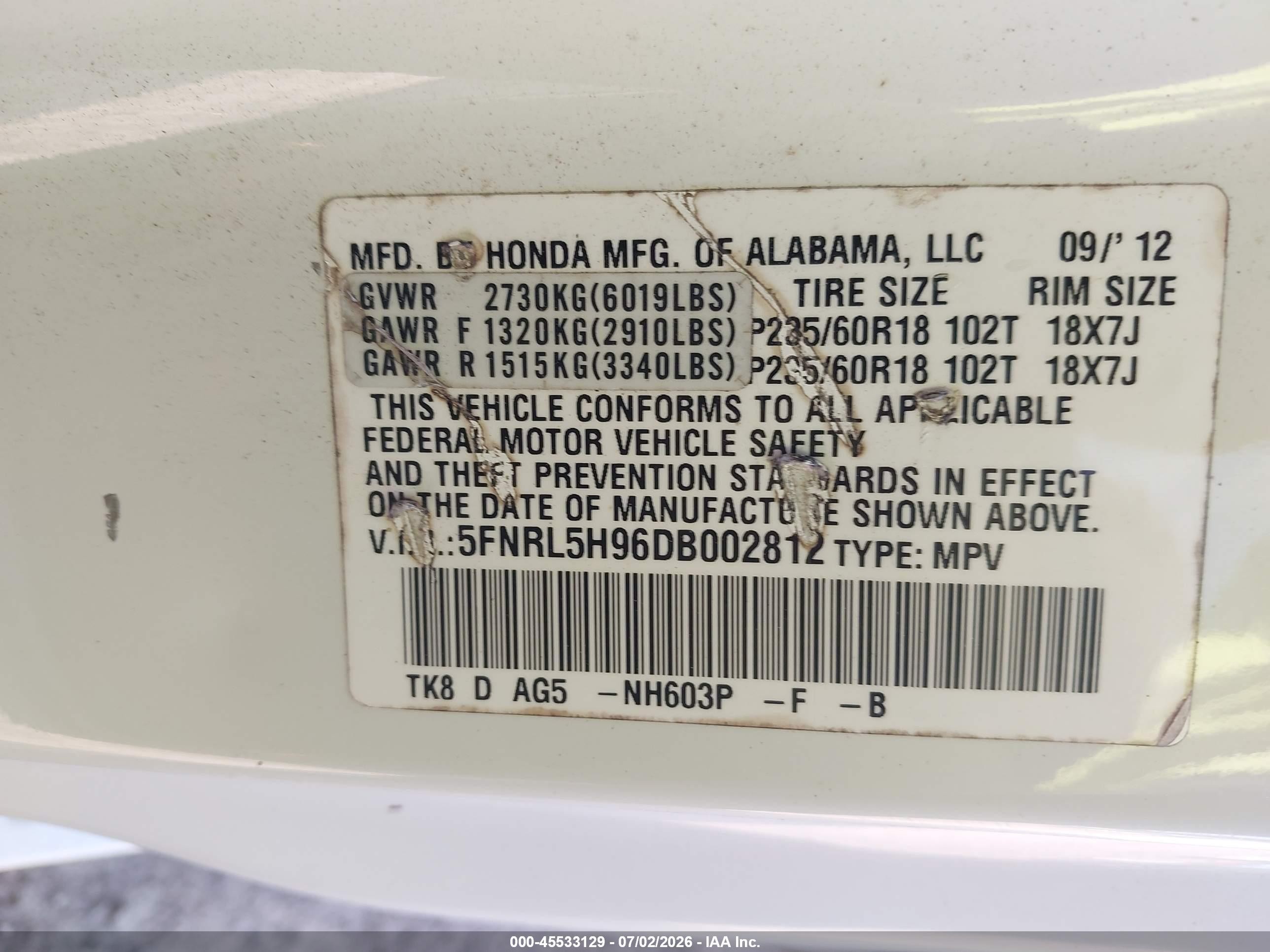 2013 Honda Odyssey Touring/touring Elite White vin: 5FNRL5H96DB002812