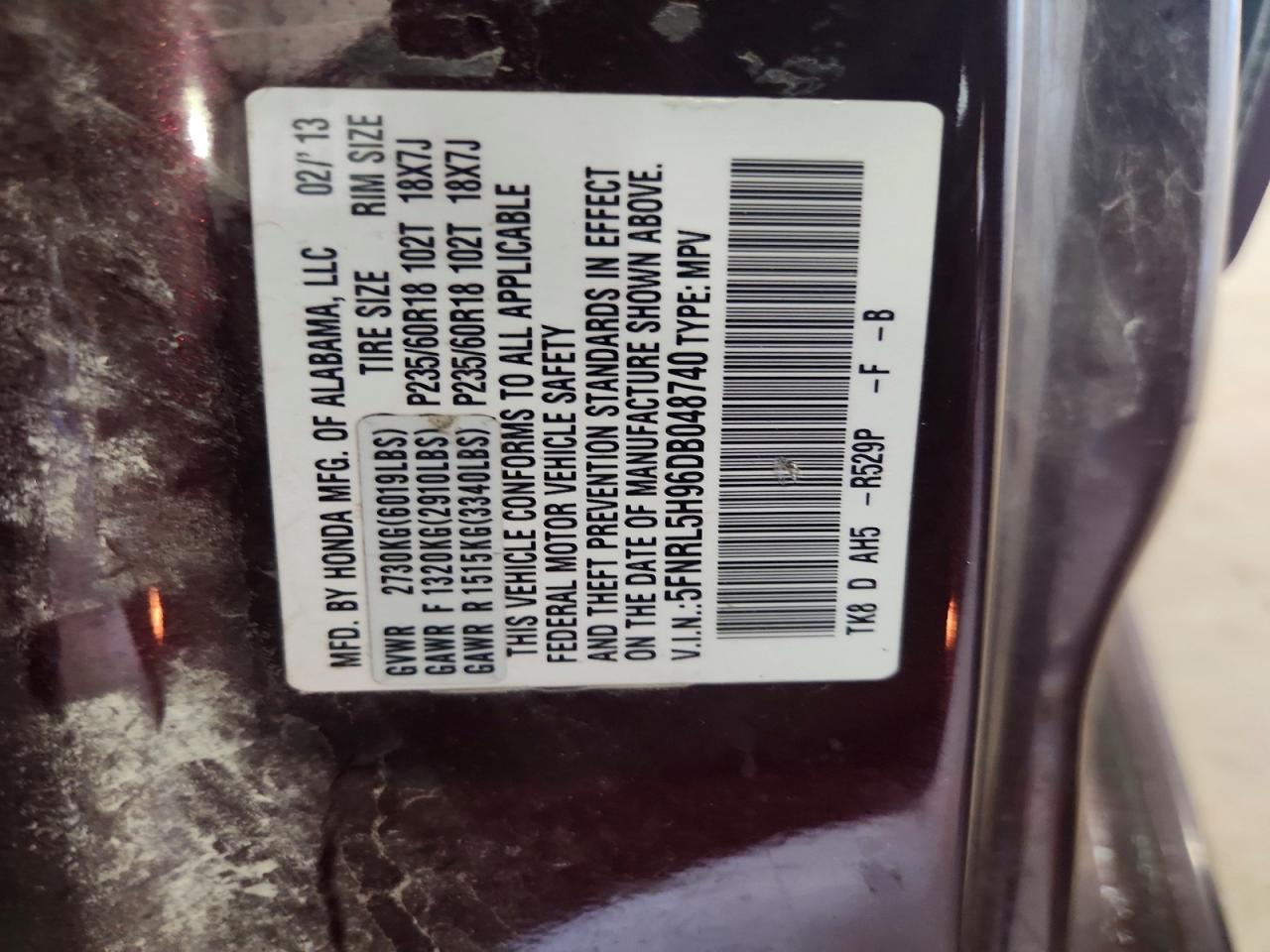 2013 Honda Odyssey Touring Maroon vin: 5FNRL5H96DB048740
