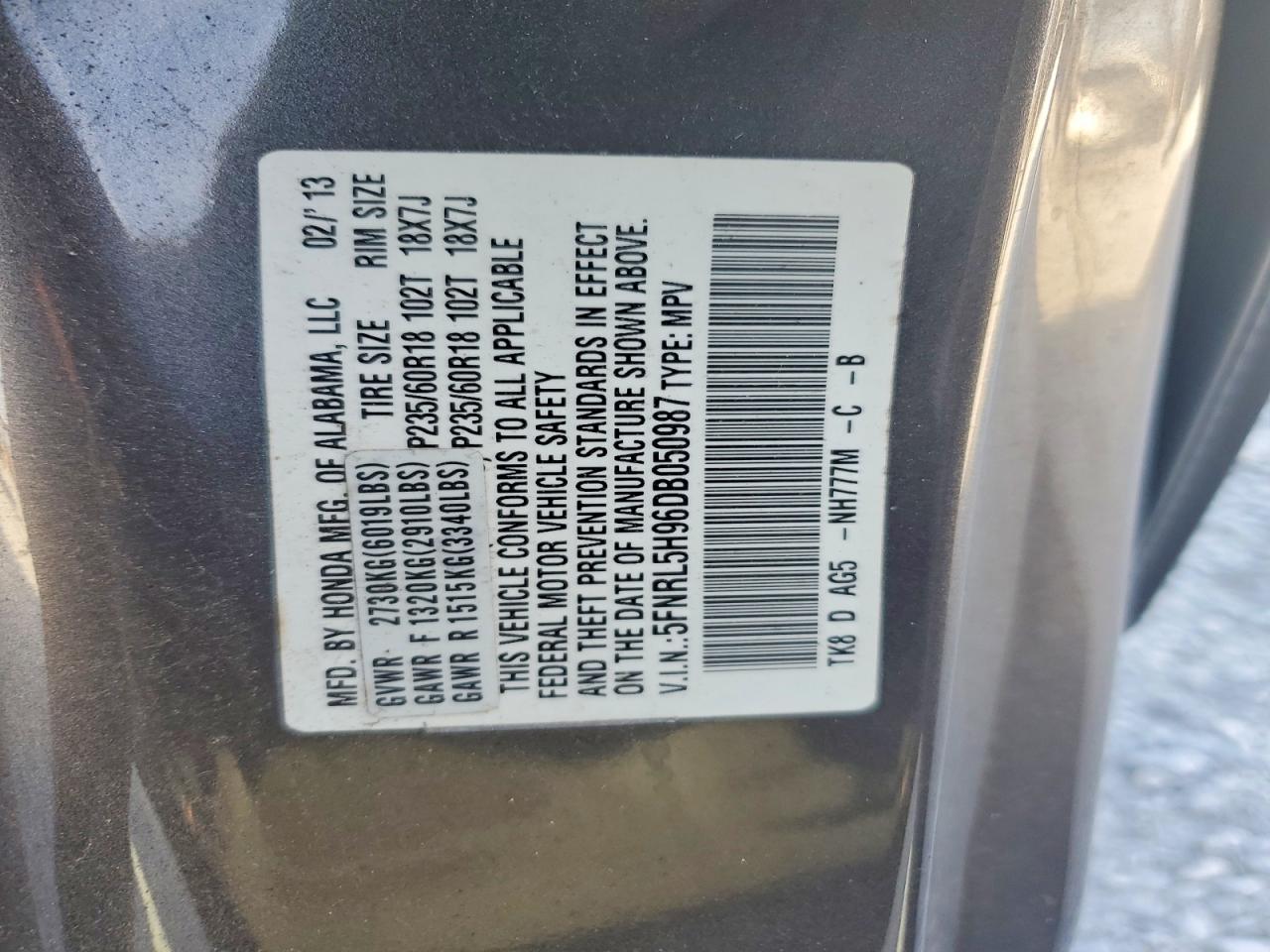 2013 Honda Odyssey Touring Gray vin: 5FNRL5H96DB050987