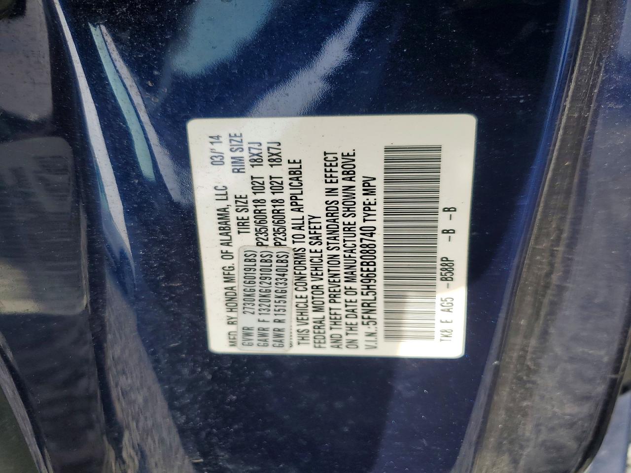 2014 Honda Odyssey Touring Blue vin: 5FNRL5H96EB088740