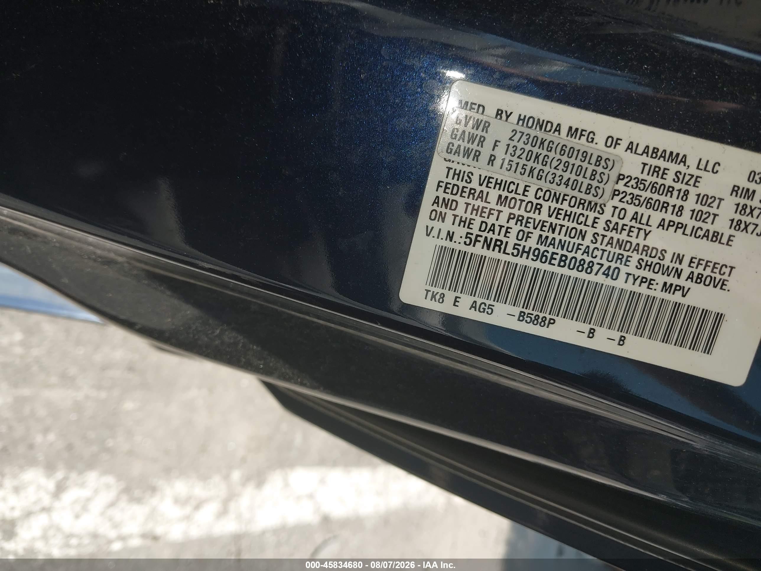 2014 Honda Odyssey Touring/touring Elite Blue vin: 5FNRL5H96EB088740