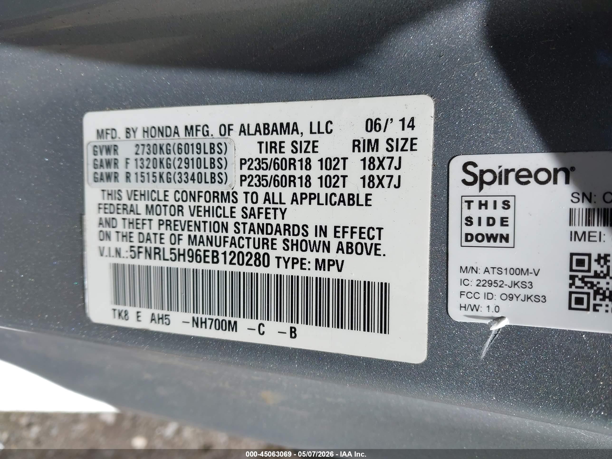 2014 Honda Odyssey Touring/touring Elite Silver vin: 5FNRL5H96EB120280