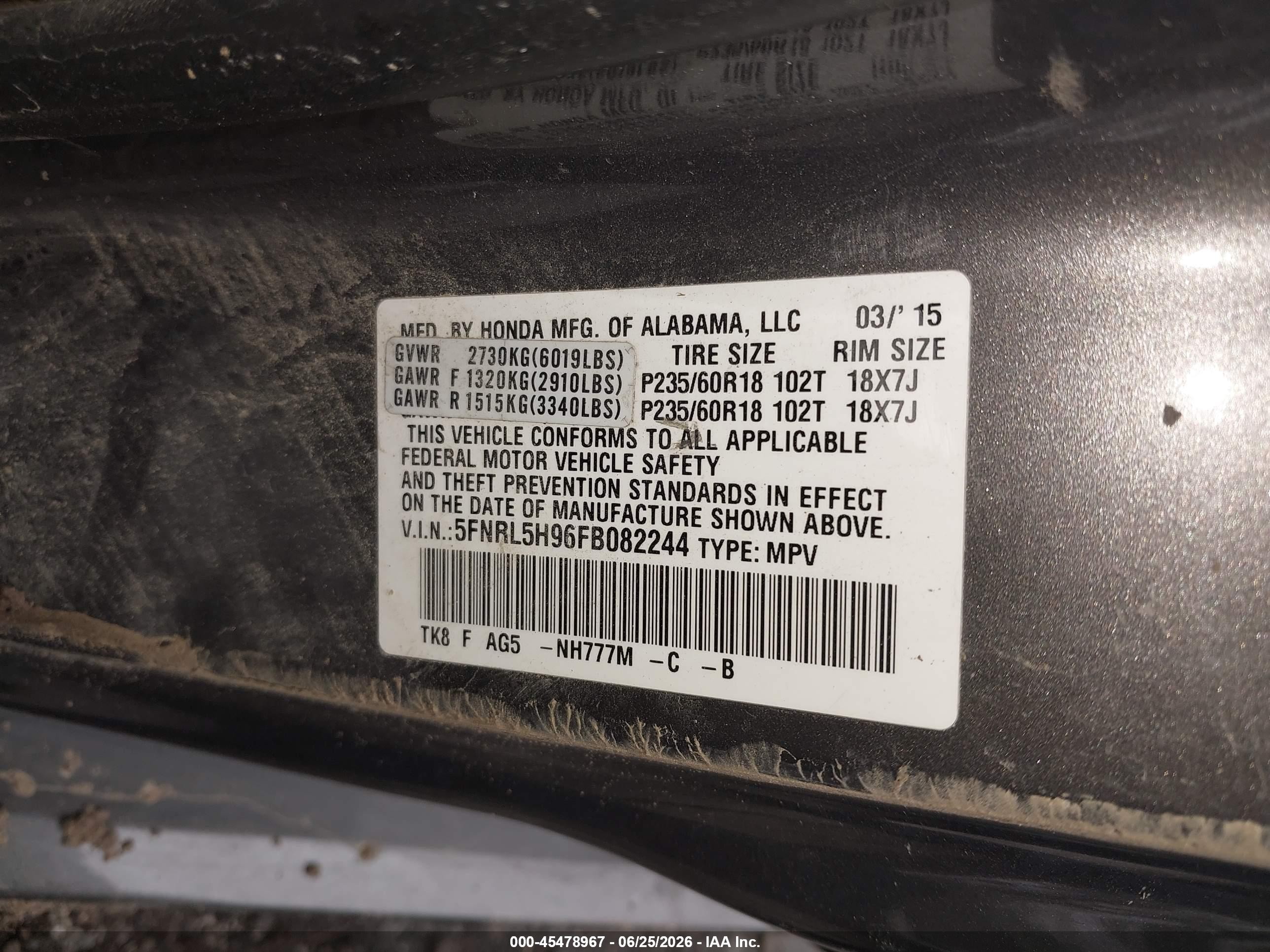 2015 Honda Odyssey Touring/touring Elite Gray vin: 5FNRL5H96FB082244