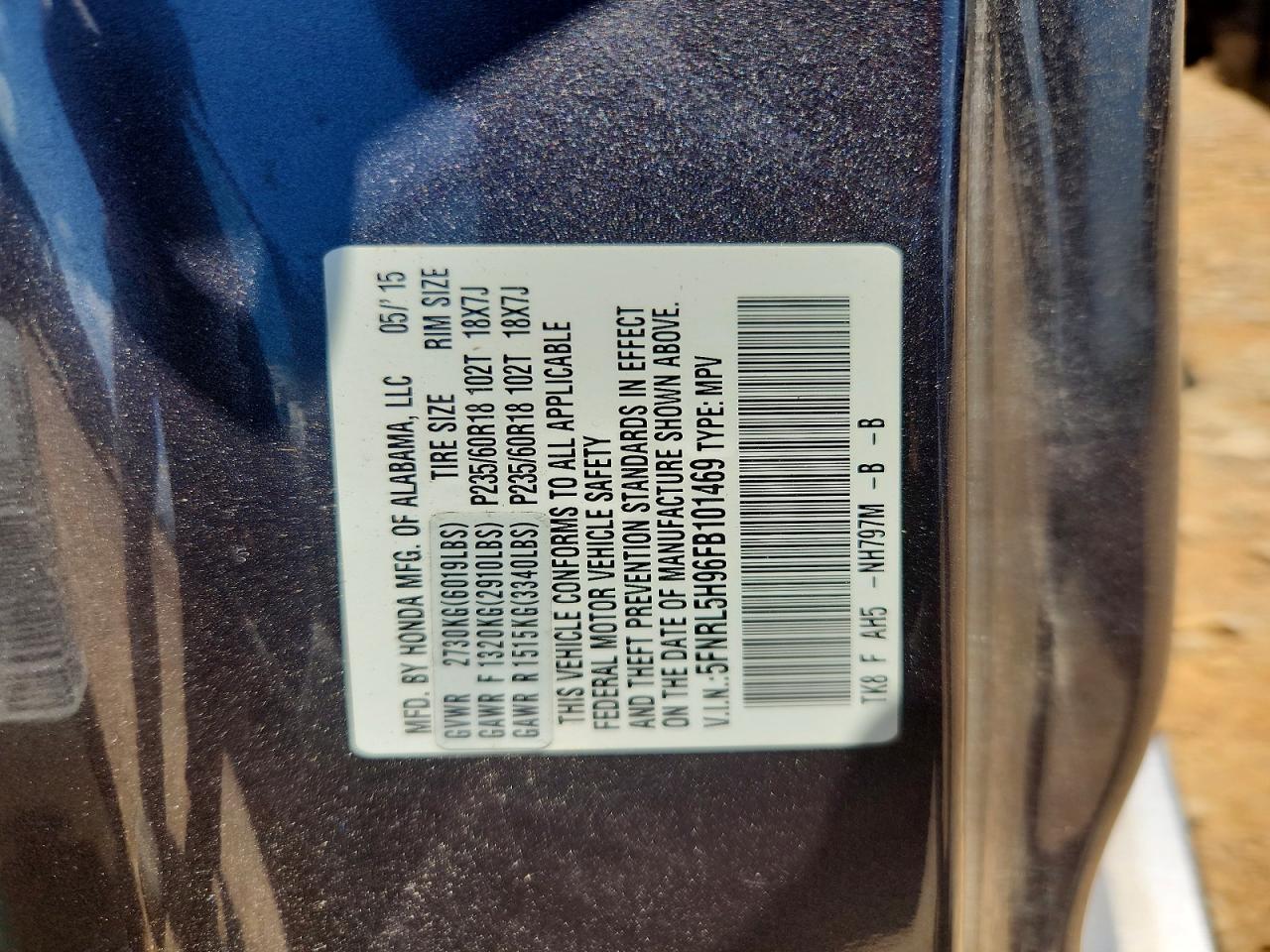 2015 Honda Odyssey Touring Charcoal vin: 5FNRL5H96FB101469