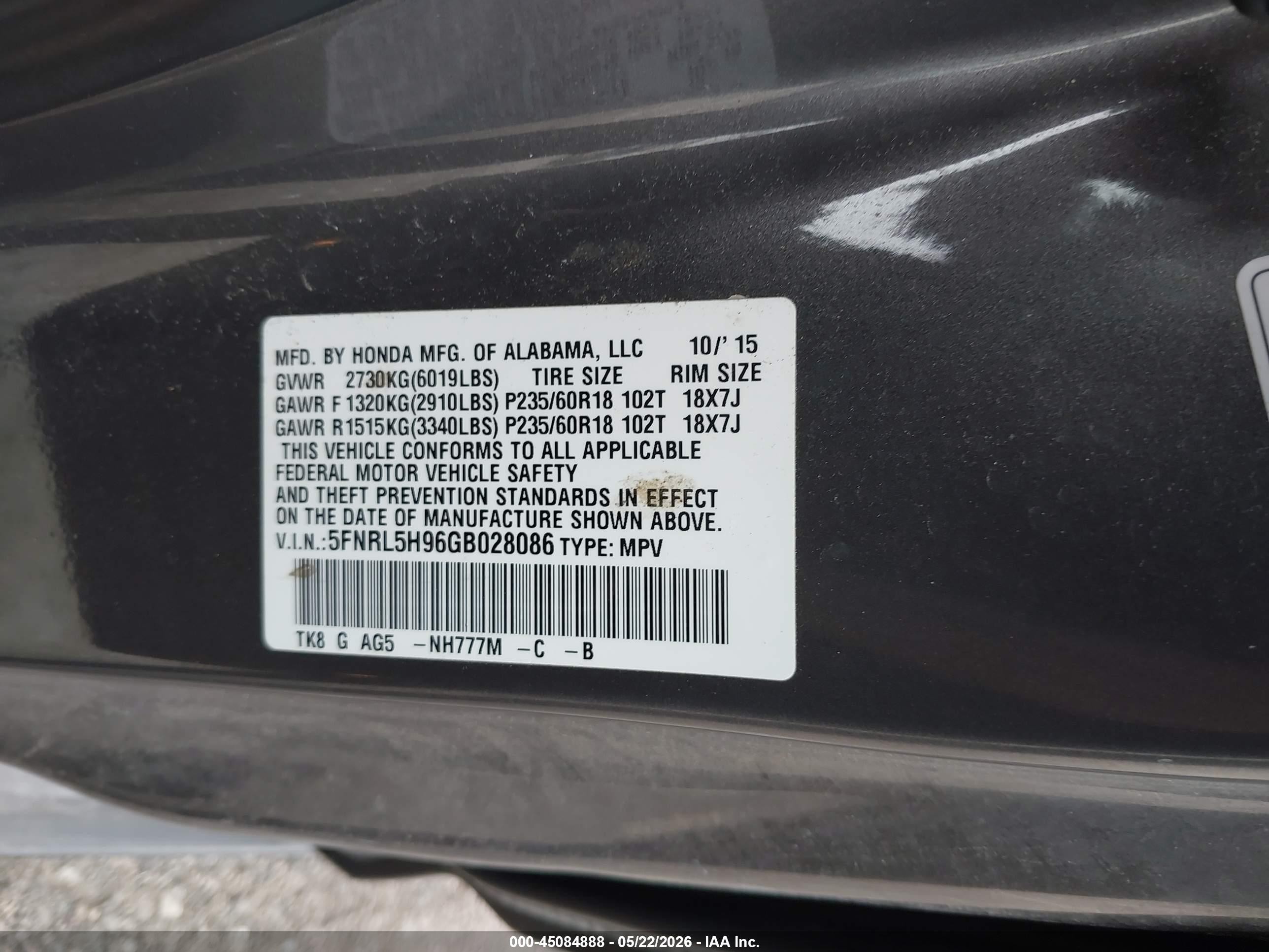 2016 Honda Odyssey Touring/touring Elite Gray vin: 5FNRL5H96GB028086