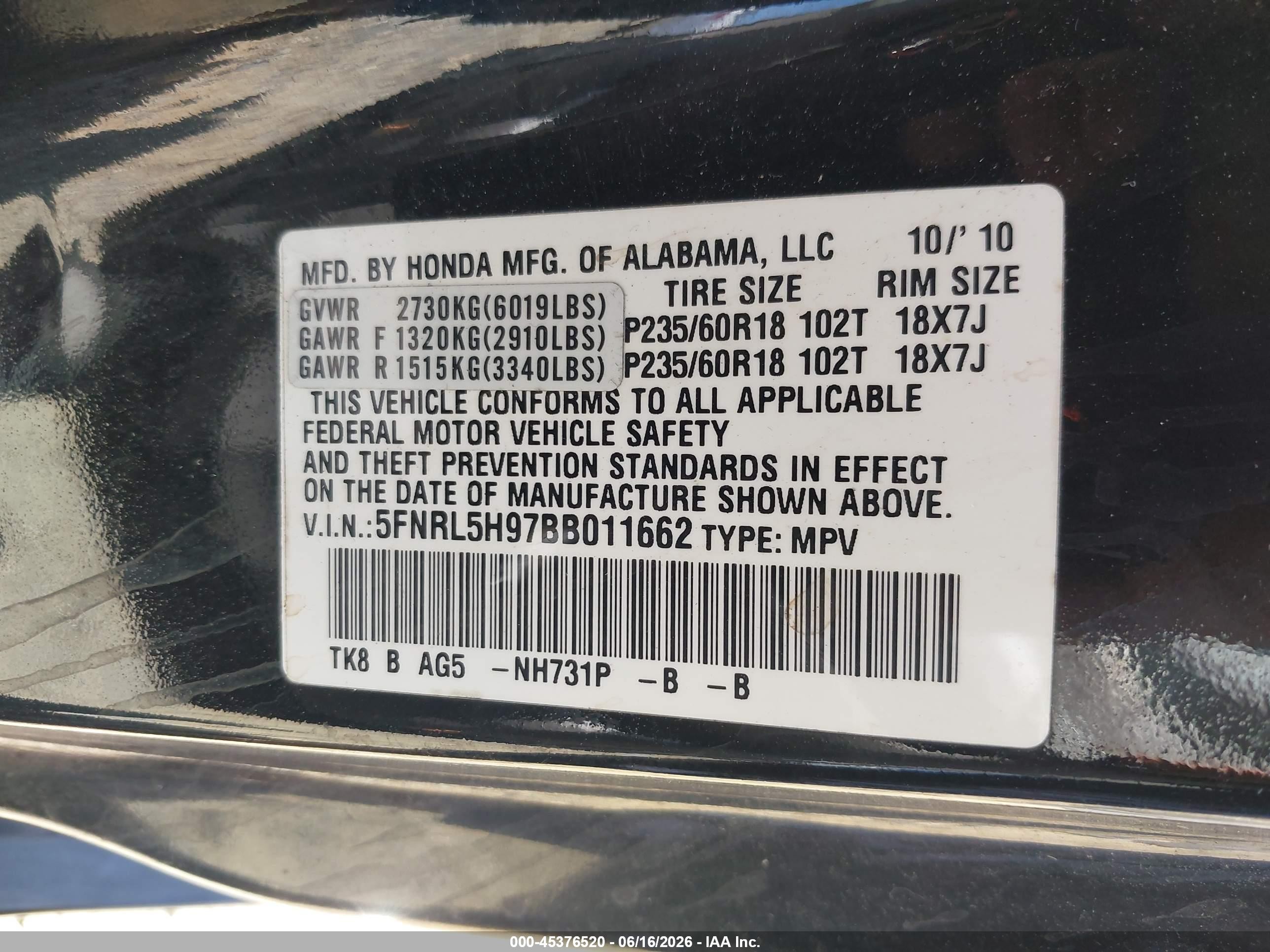 2011 Honda Odyssey Touring/touring Elite Black vin: 5FNRL5H97BB011662