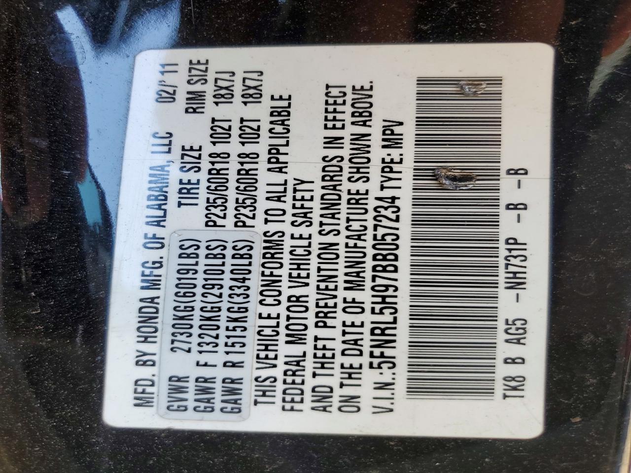 2011 Honda Odyssey Touring Black vin: 5FNRL5H97BB057234
