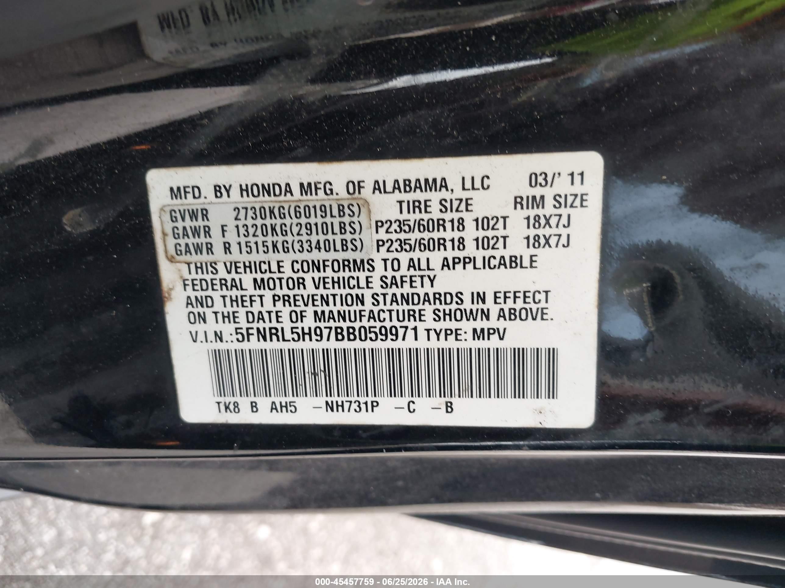 2011 Honda Odyssey Touring/touring Elite Black vin: 5FNRL5H97BB059971