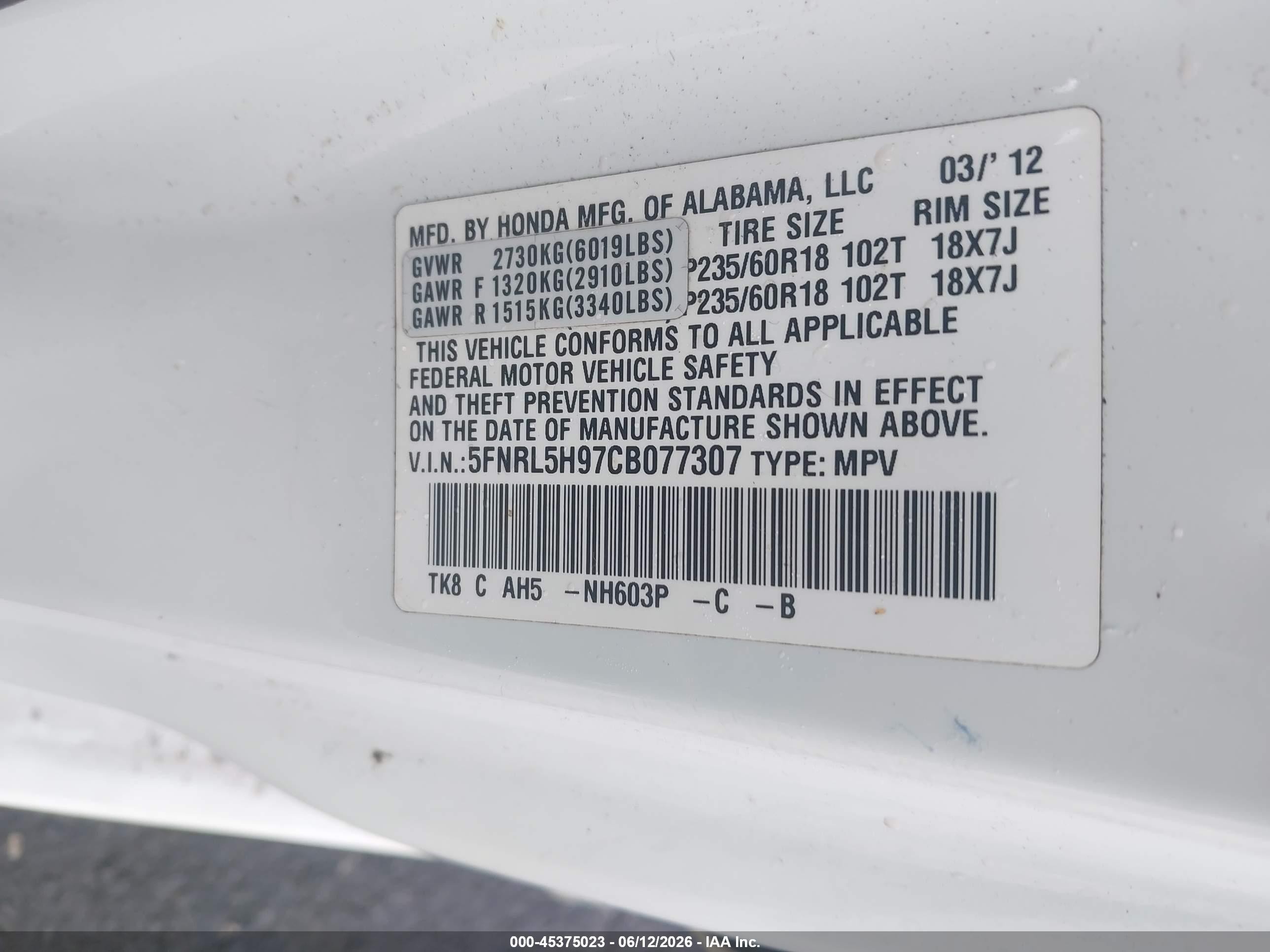 2012 Honda Odyssey Touring/touring Elite White vin: 5FNRL5H97CB077307