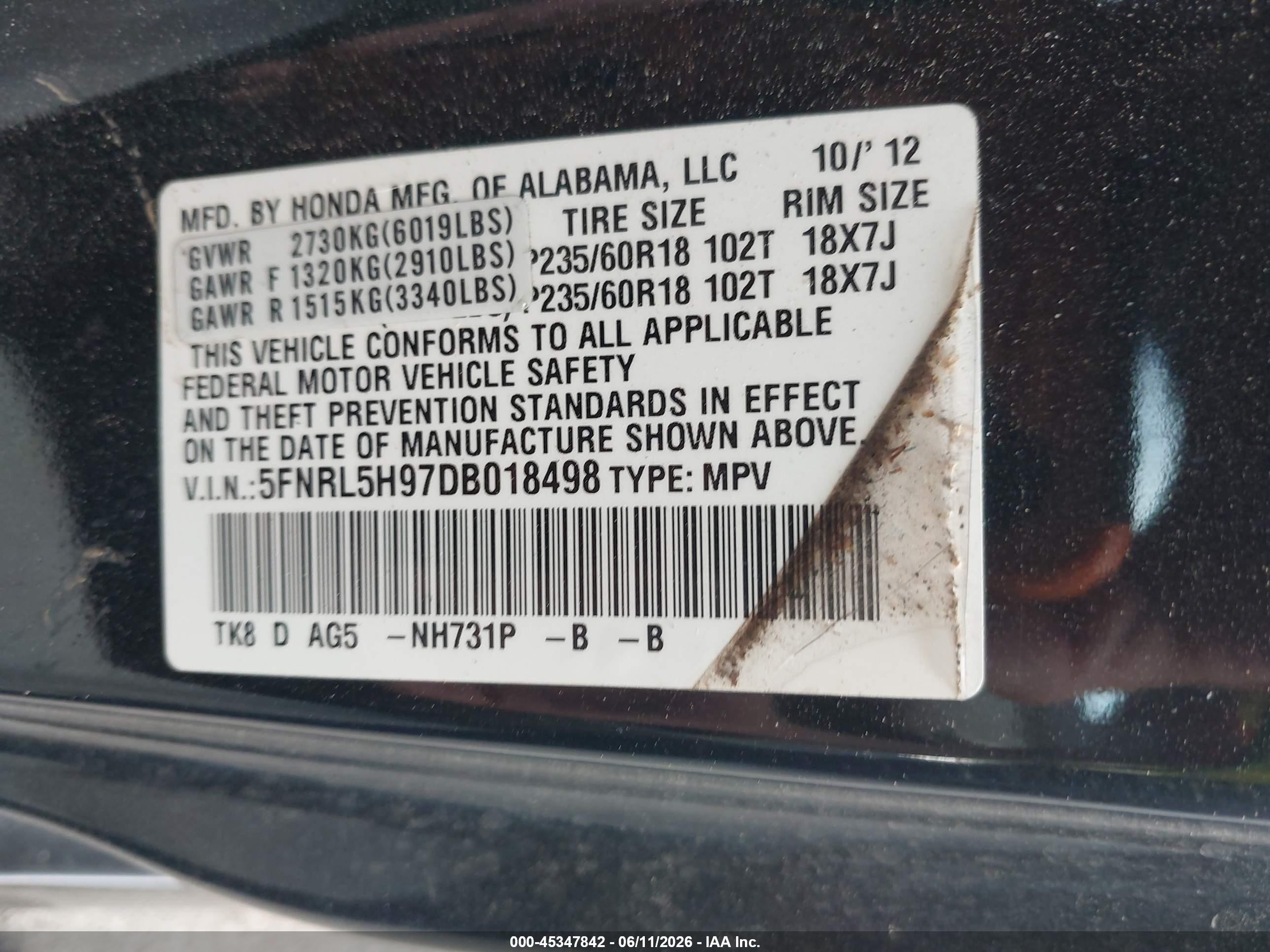 2013 Honda Odyssey Touring/touring Elite Black vin: 5FNRL5H97DB018498