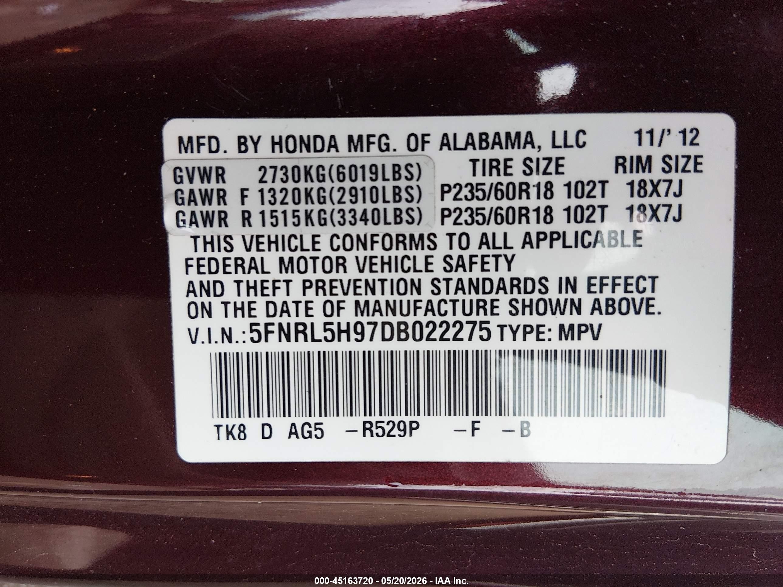 2013 Honda Odyssey Touring/touring Elite Burgundy vin: 5FNRL5H97DB022275