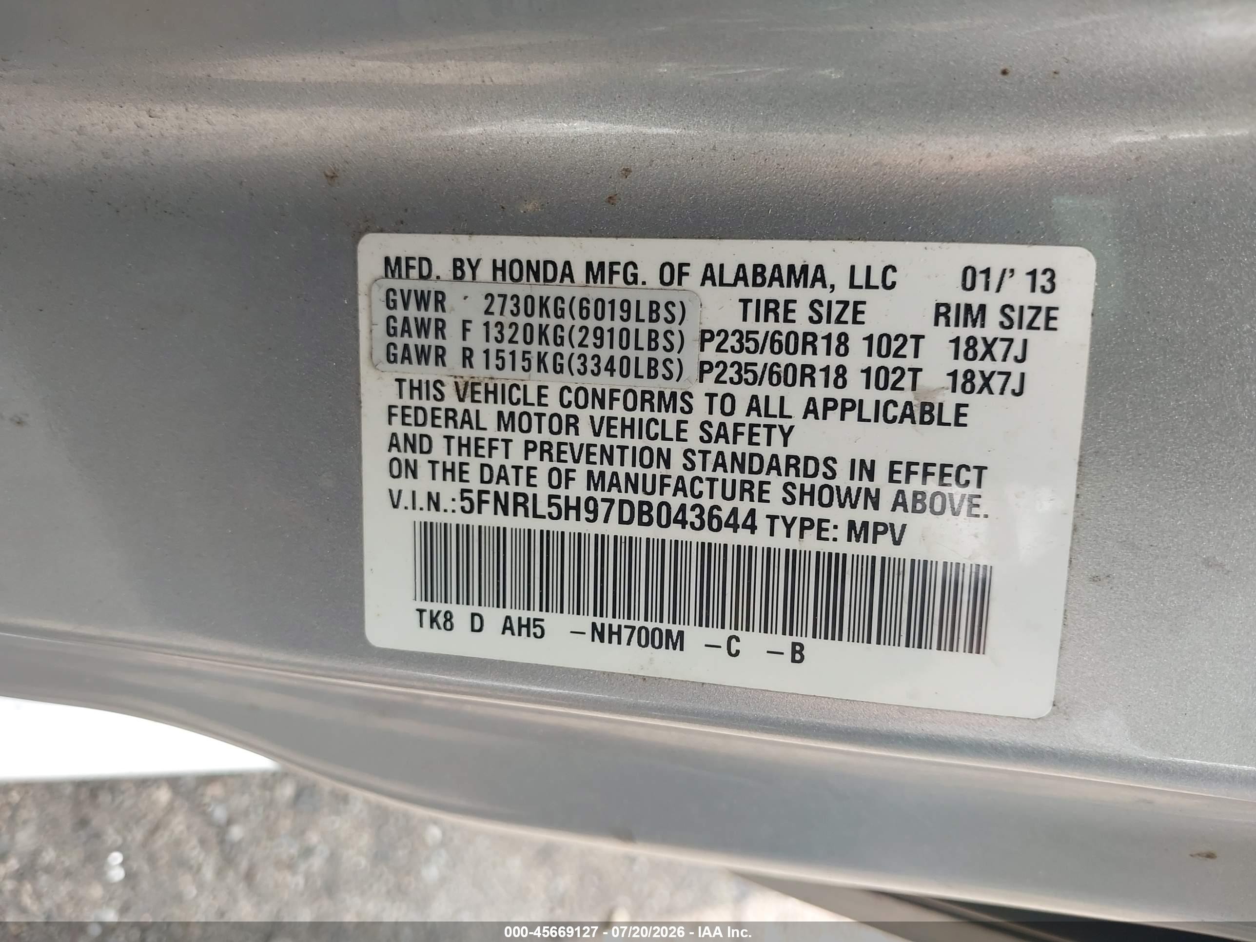 2013 Honda Odyssey Touring/touring Elite Silver vin: 5FNRL5H97DB043644