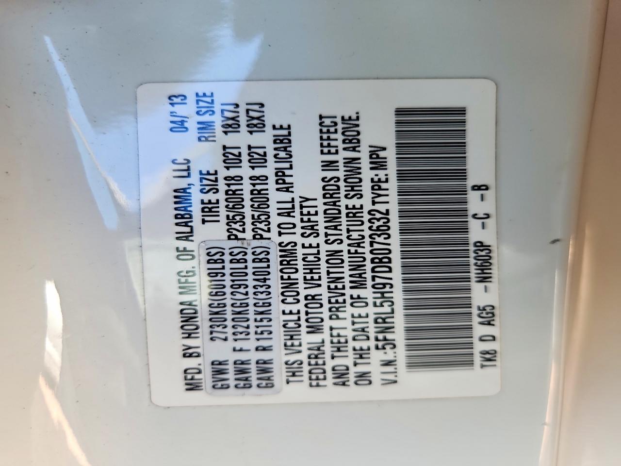 2013 Honda Odyssey Touring White vin: 5FNRL5H97DB073632