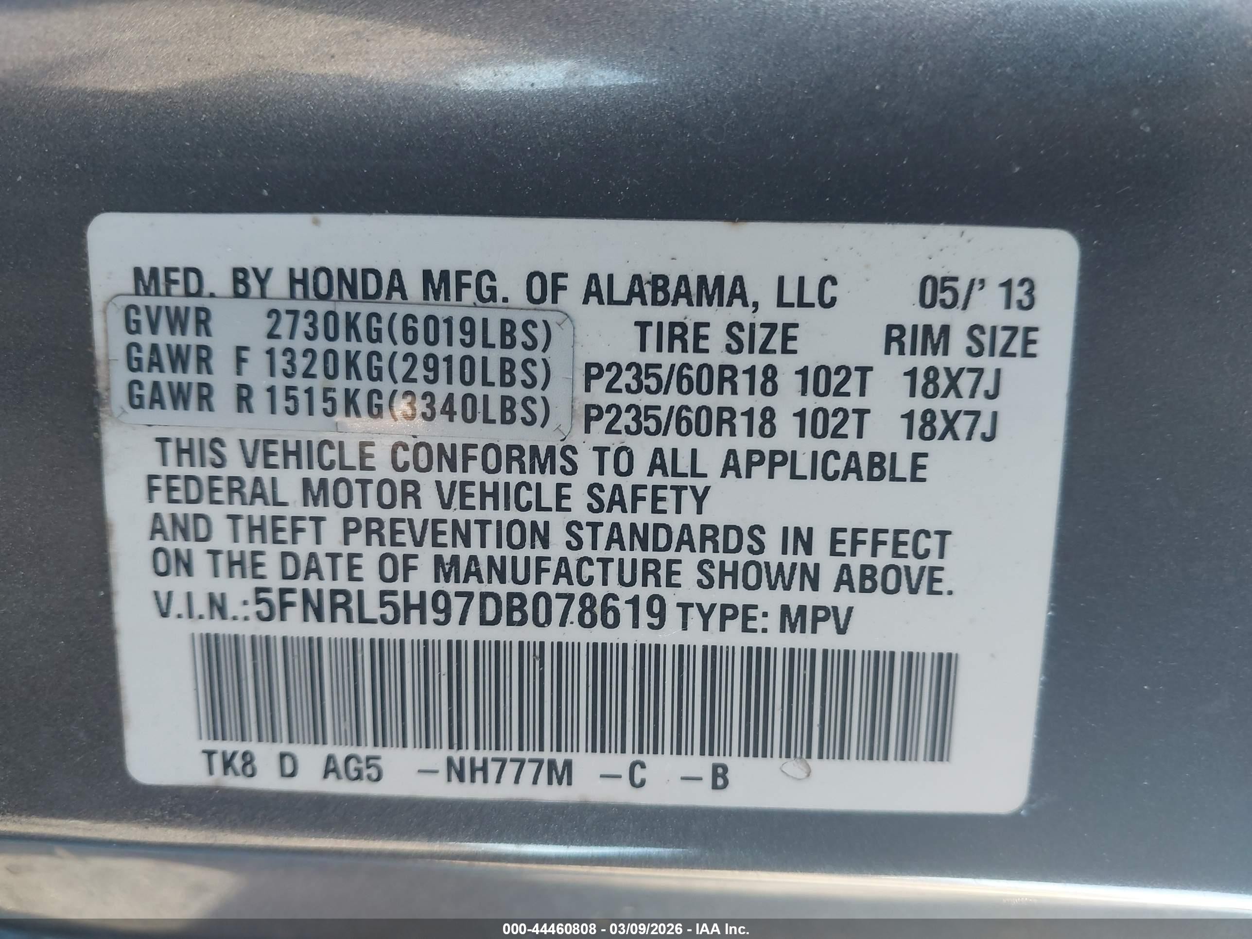 2013 Honda Odyssey Touring/touring Elite Gray vin: 5FNRL5H97DB078619