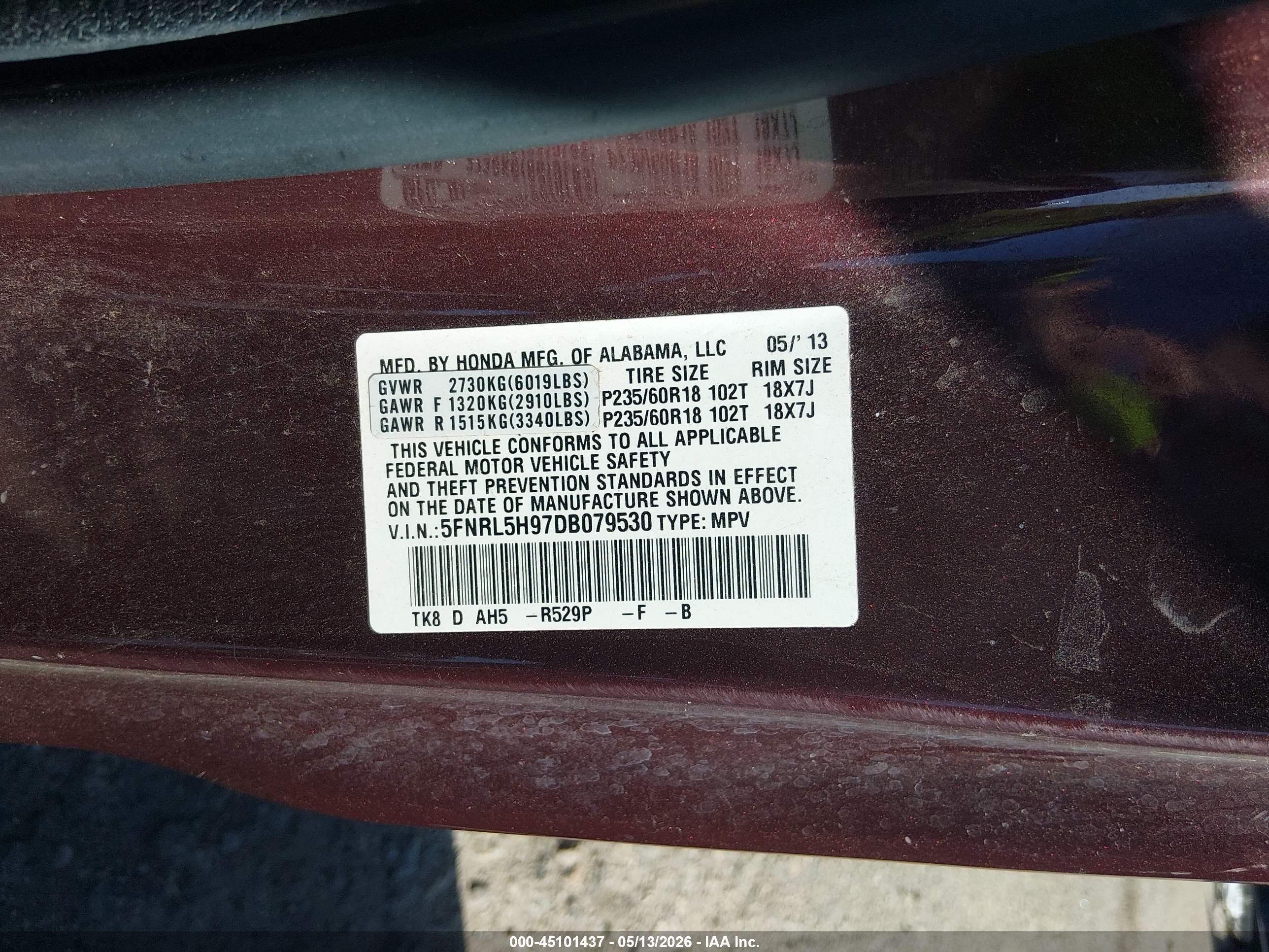 2013 Honda Odyssey Touring/touring Elite Maroon vin: 5FNRL5H97DB079530