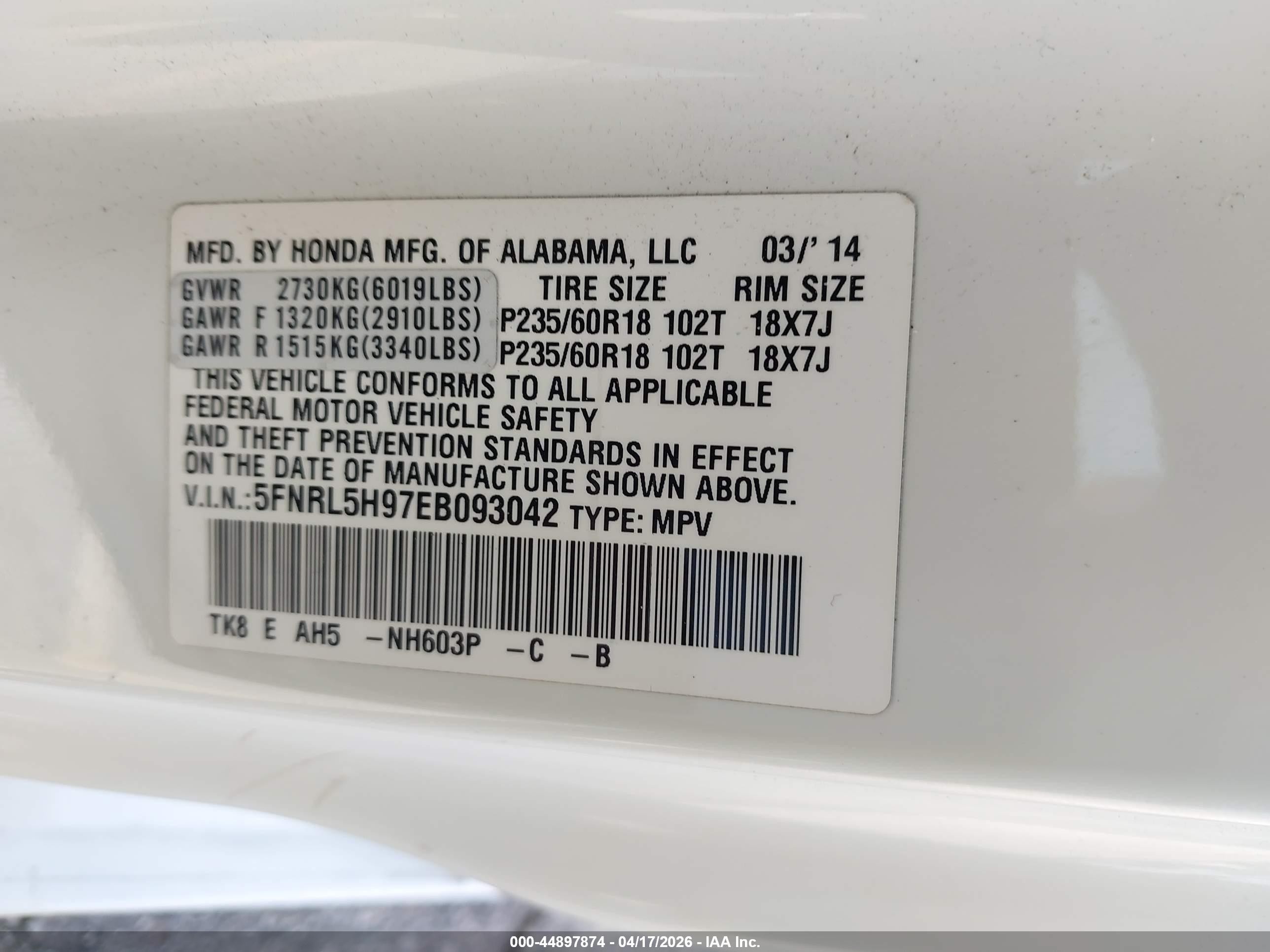 2014 Honda Odyssey Touring/touring Elite White vin: 5FNRL5H97EB093042