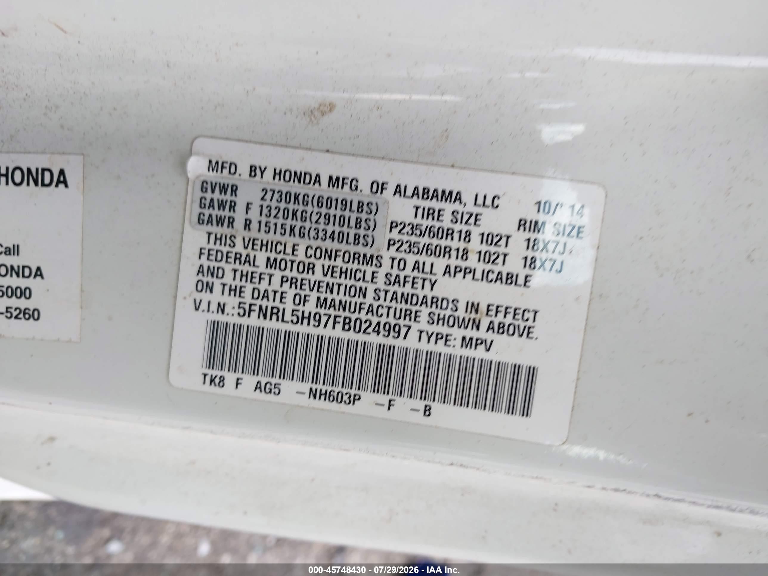 2015 Honda Odyssey Touring/touring Elite White vin: 5FNRL5H97FB024997