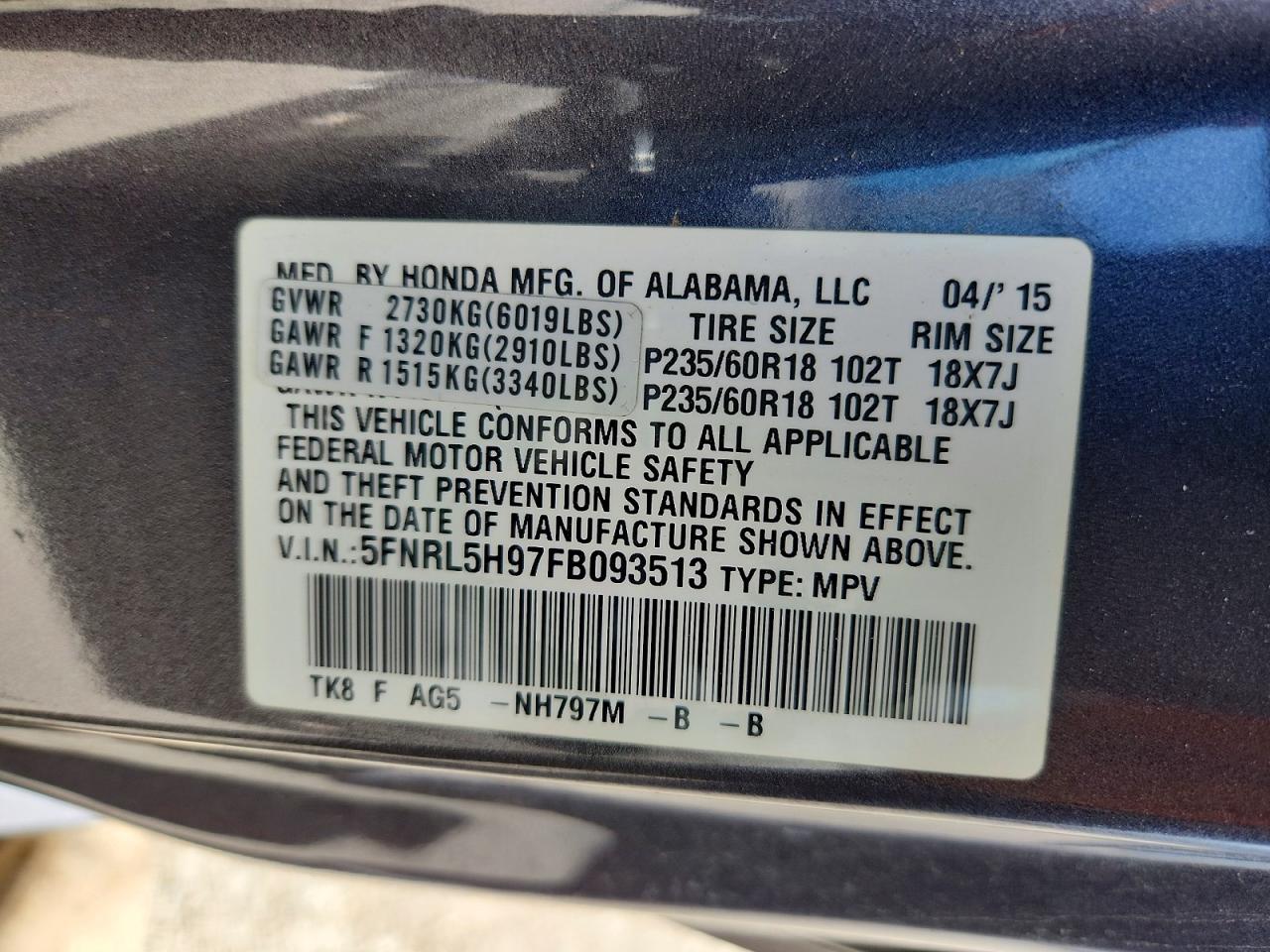 2015 Honda Odyssey Touring Gray vin: 5FNRL5H97FB093513