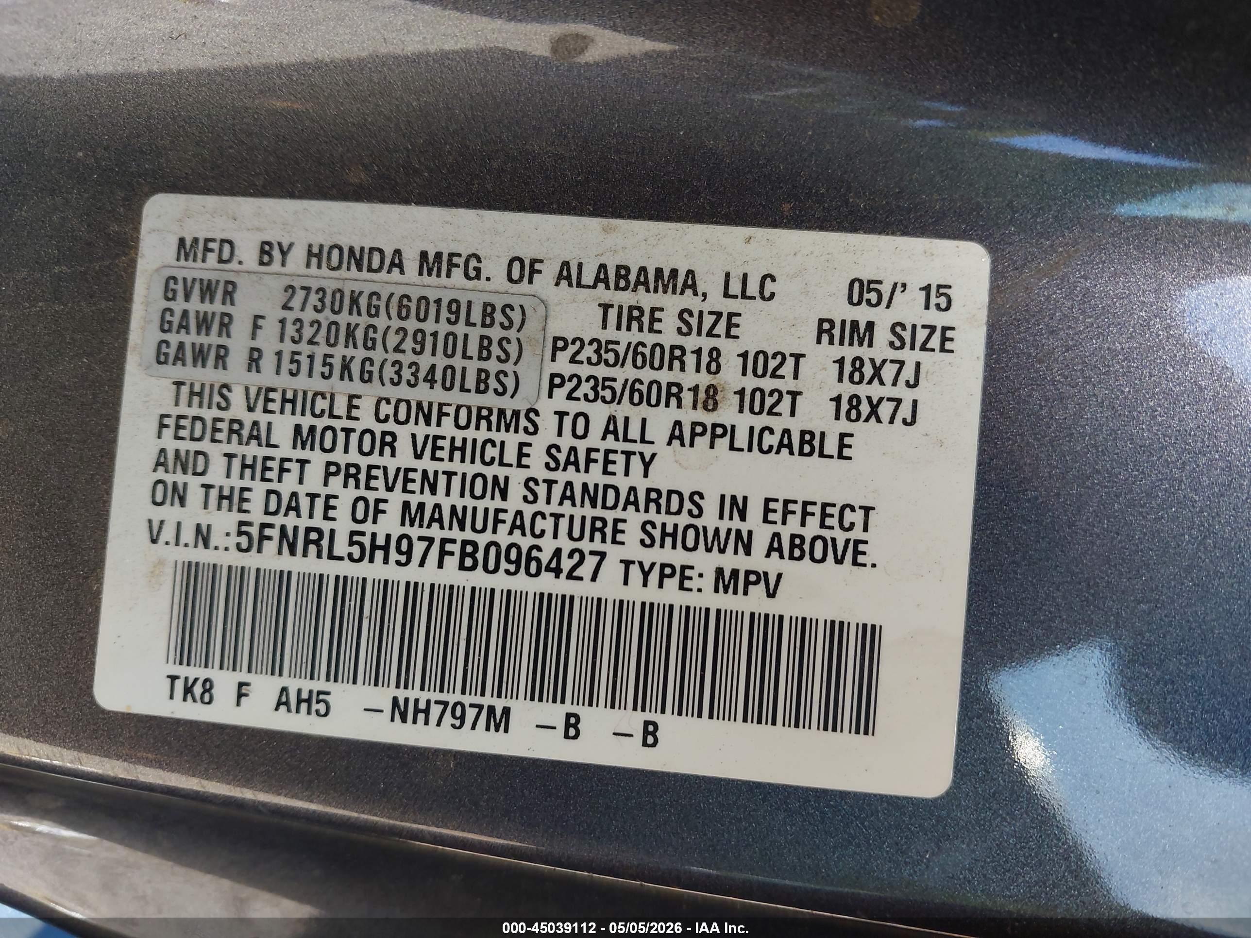 2015 Honda Odyssey Touring/touring Elite Gray vin: 5FNRL5H97FB096427