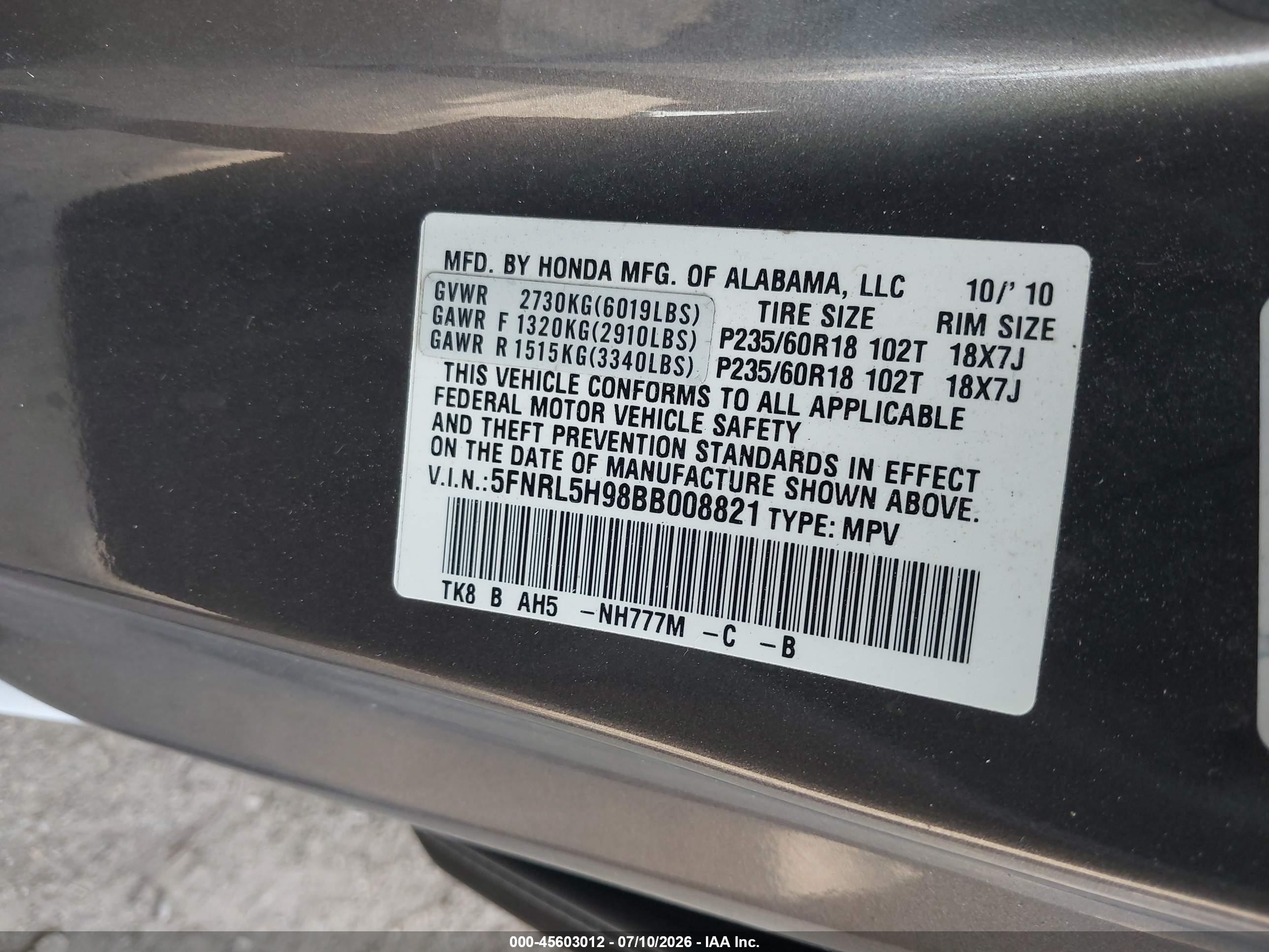 2011 Honda Odyssey Touring/touring Elite Gray vin: 5FNRL5H98BB008821