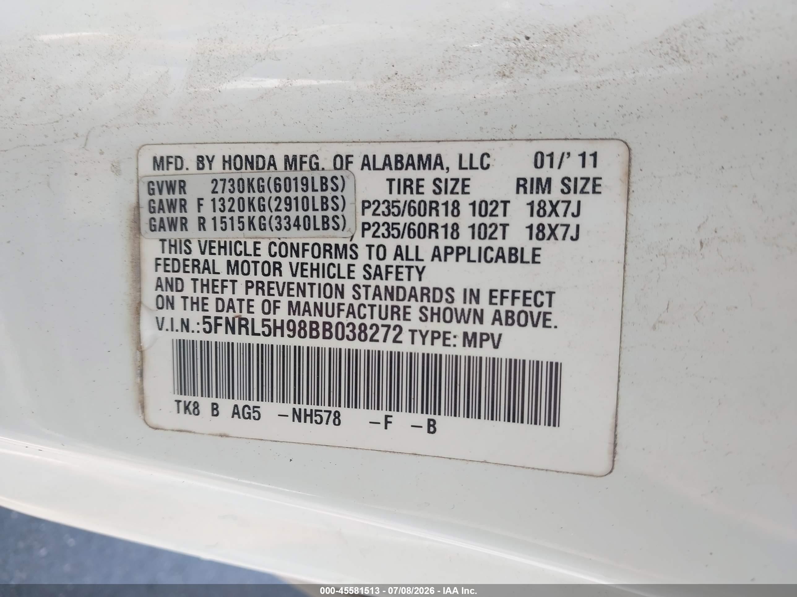 2011 Honda Odyssey Touring/touring Elite White vin: 5FNRL5H98BB038272