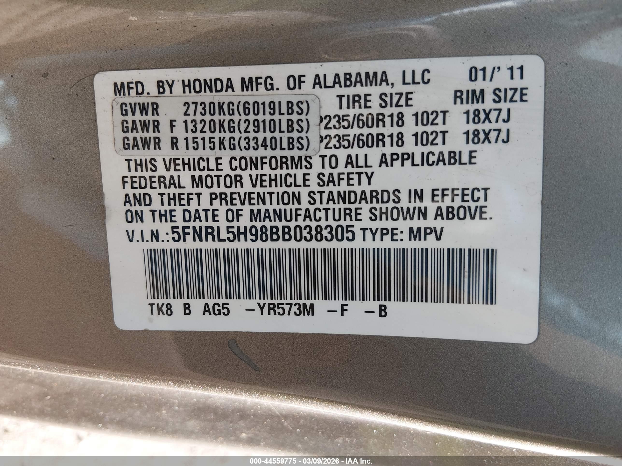 2011 Honda Odyssey Touring/touring Elite Brown vin: 5FNRL5H98BB038305