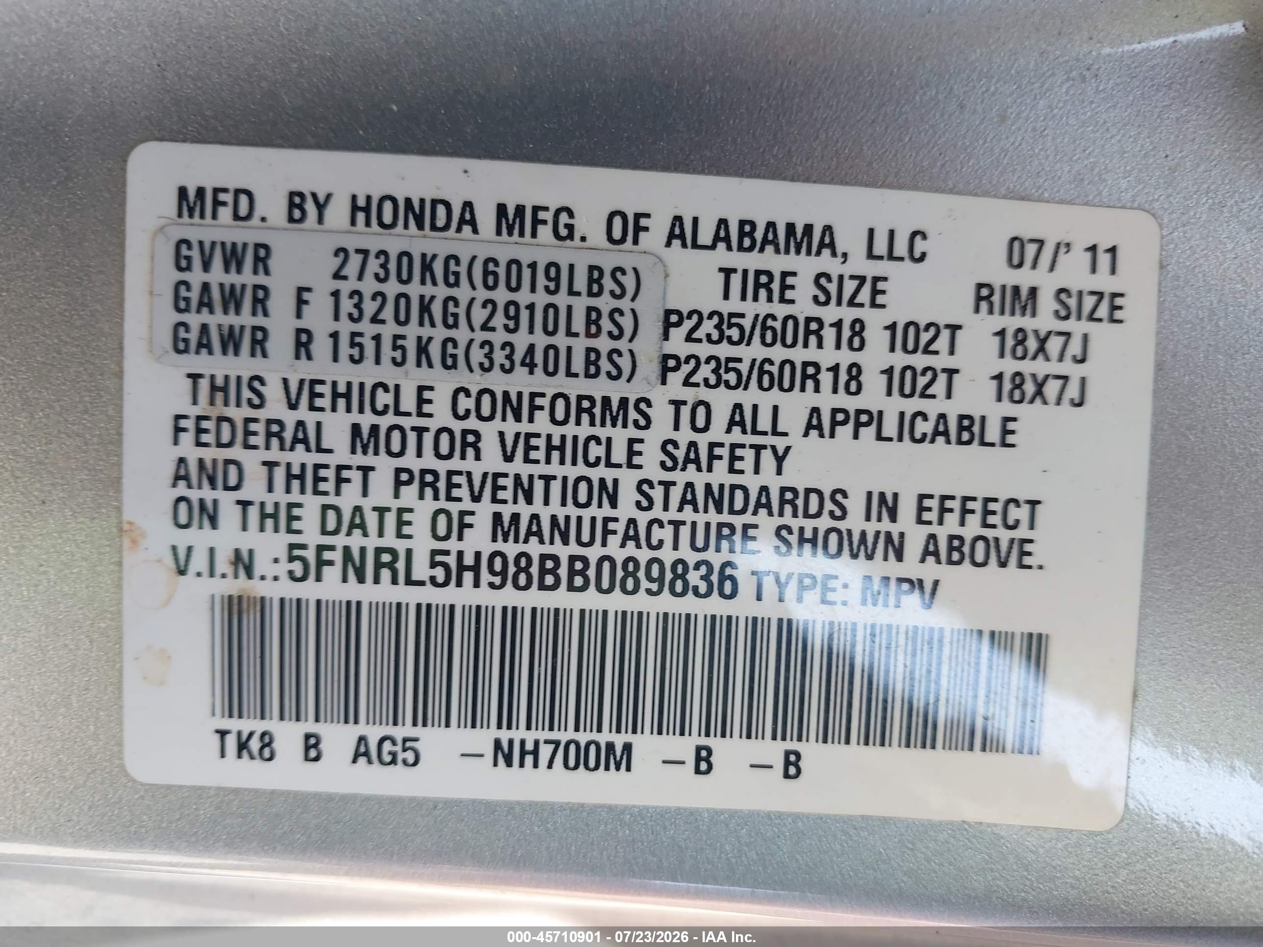 2011 Honda Odyssey Touring/touring Elite Silver vin: 5FNRL5H98BB089836