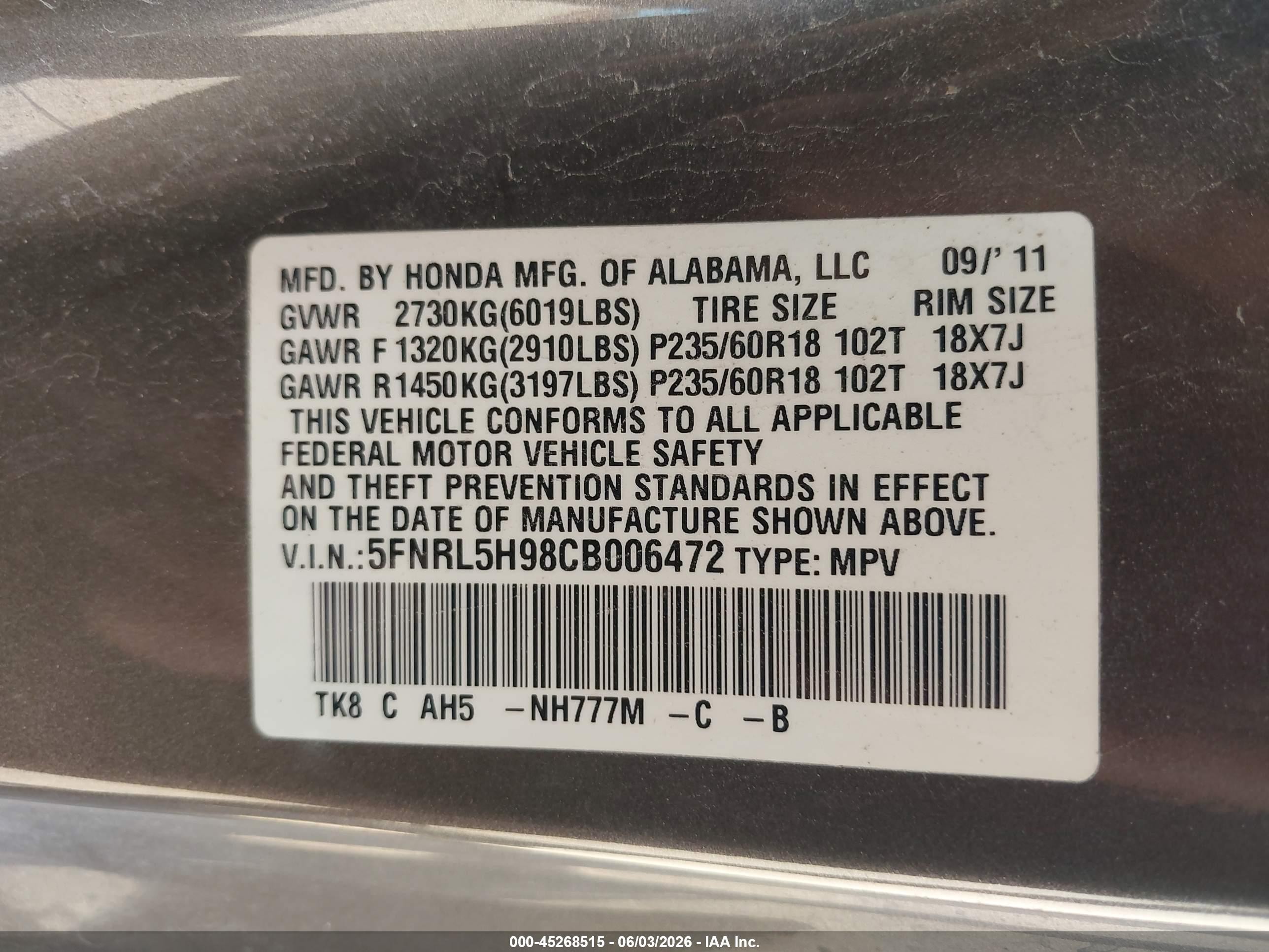 2012 Honda Odyssey Touring/touring Elite Gray vin: 5FNRL5H98CB006472