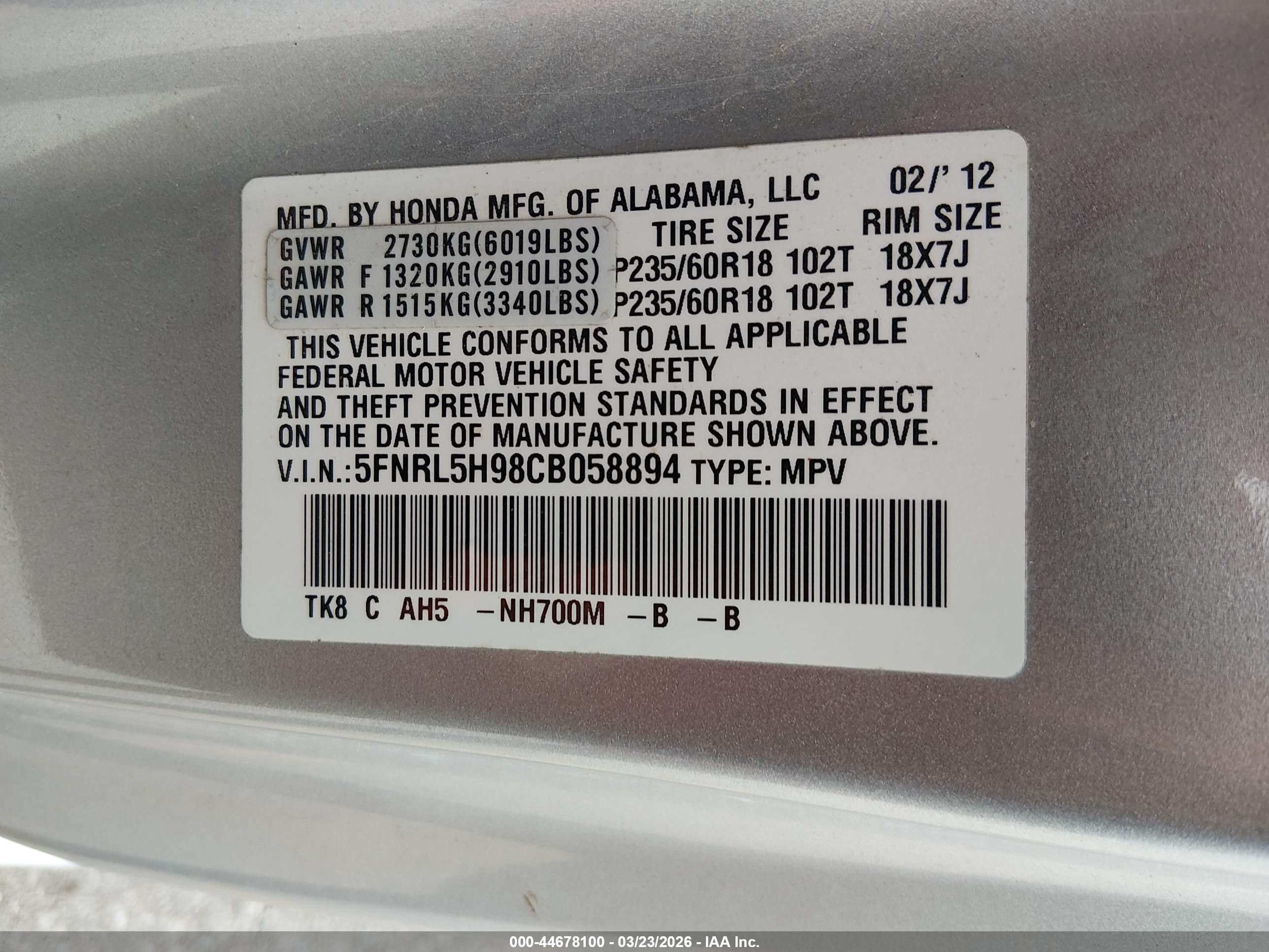 2012 Honda Odyssey Touring/touring Elite Silver vin: 5FNRL5H98CB058894