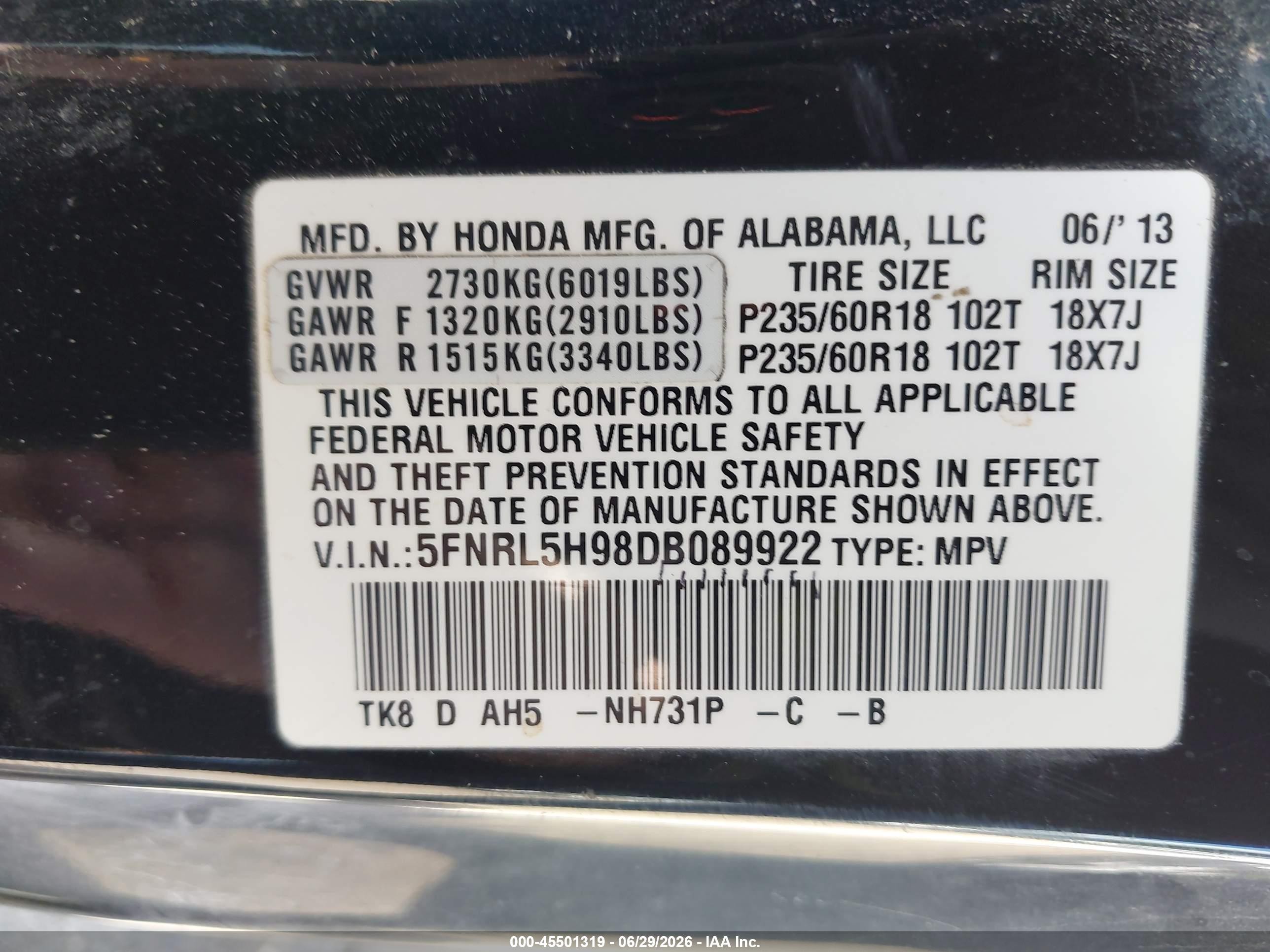 2013 Honda Odyssey Touring/touring Elite Black vin: 5FNRL5H98DB089922