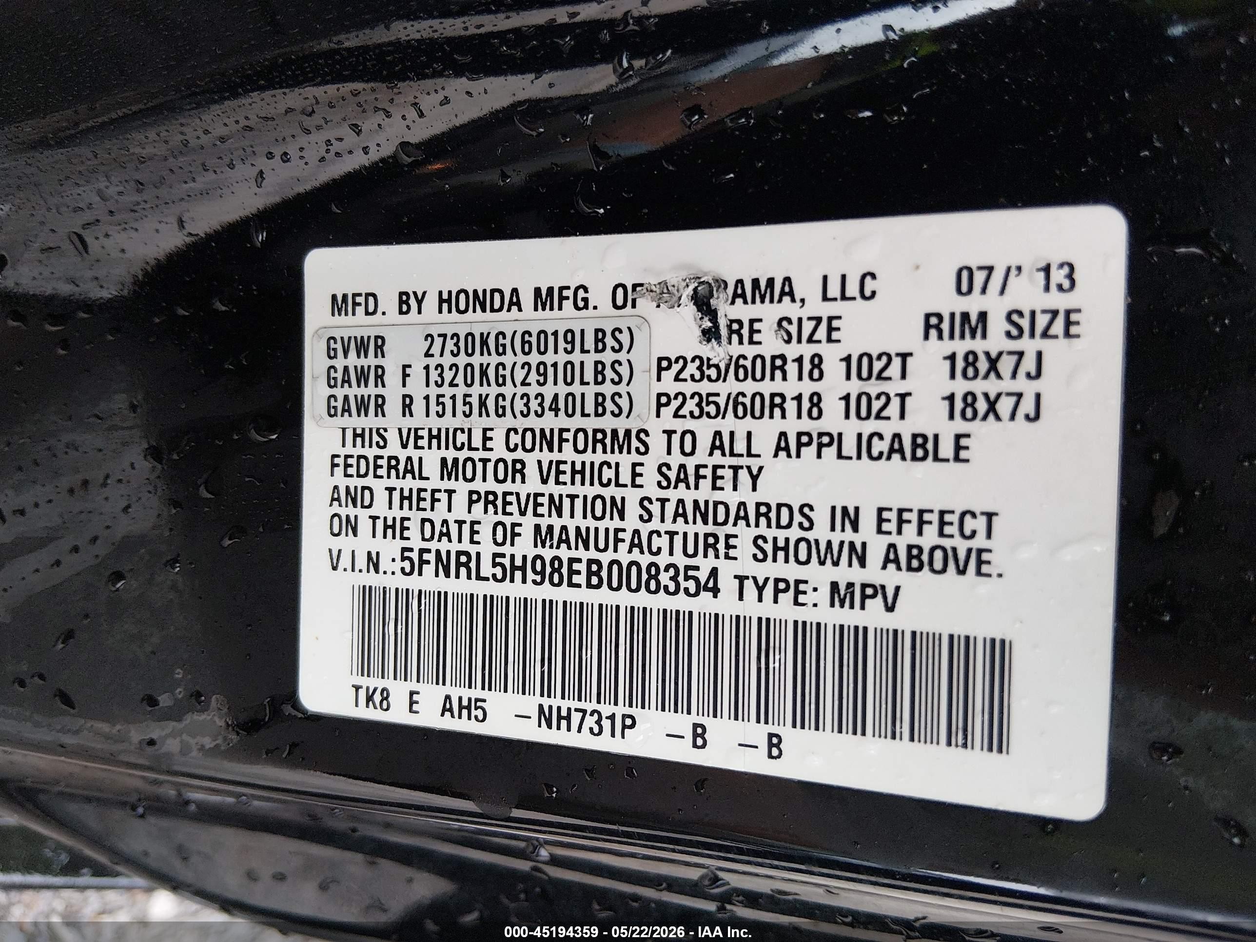 2014 Honda Odyssey Touring/touring Elite Black vin: 5FNRL5H98EB008354