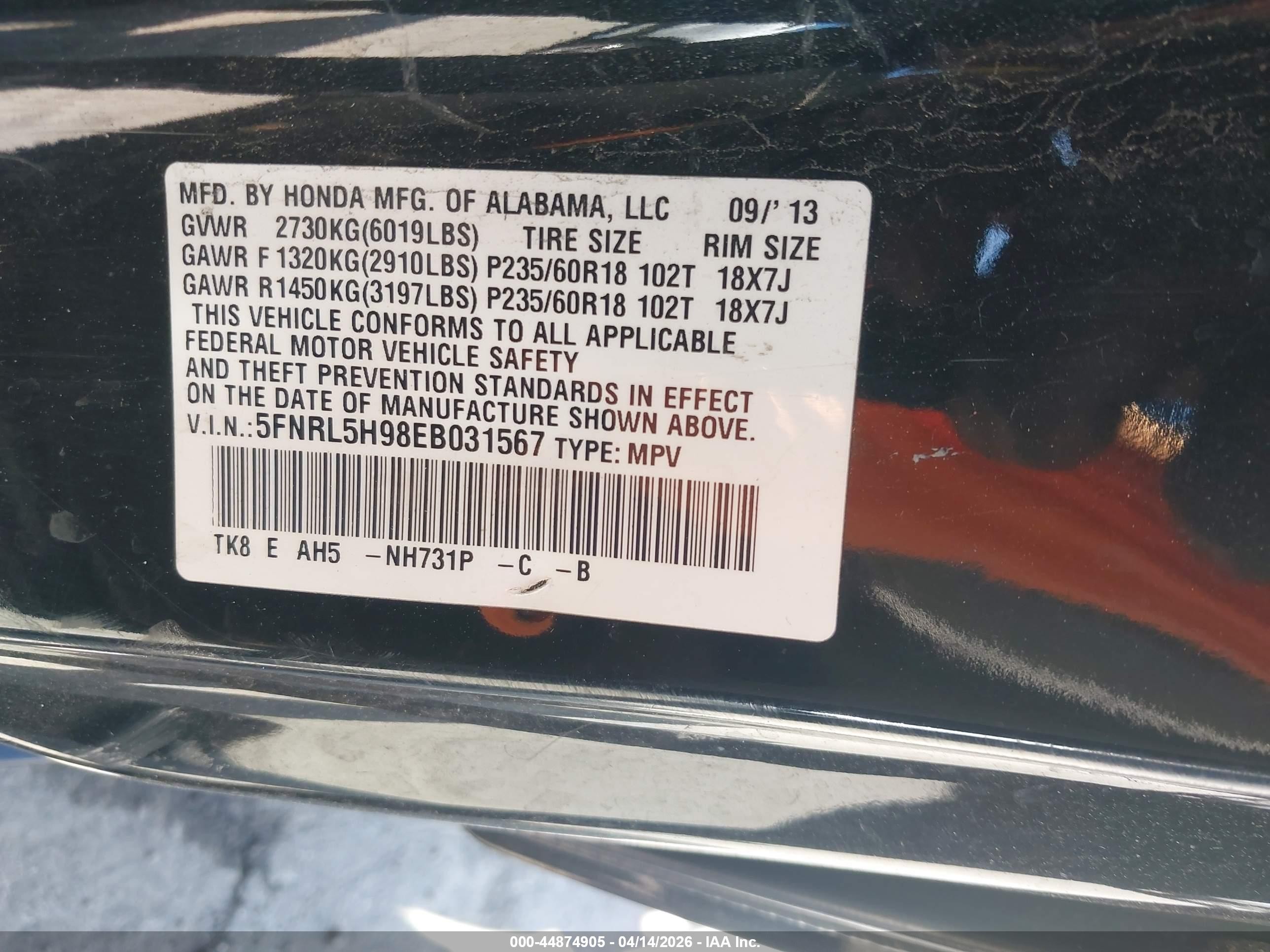 2014 Honda Odyssey Touring/touring Elite Black vin: 5FNRL5H98EB031567