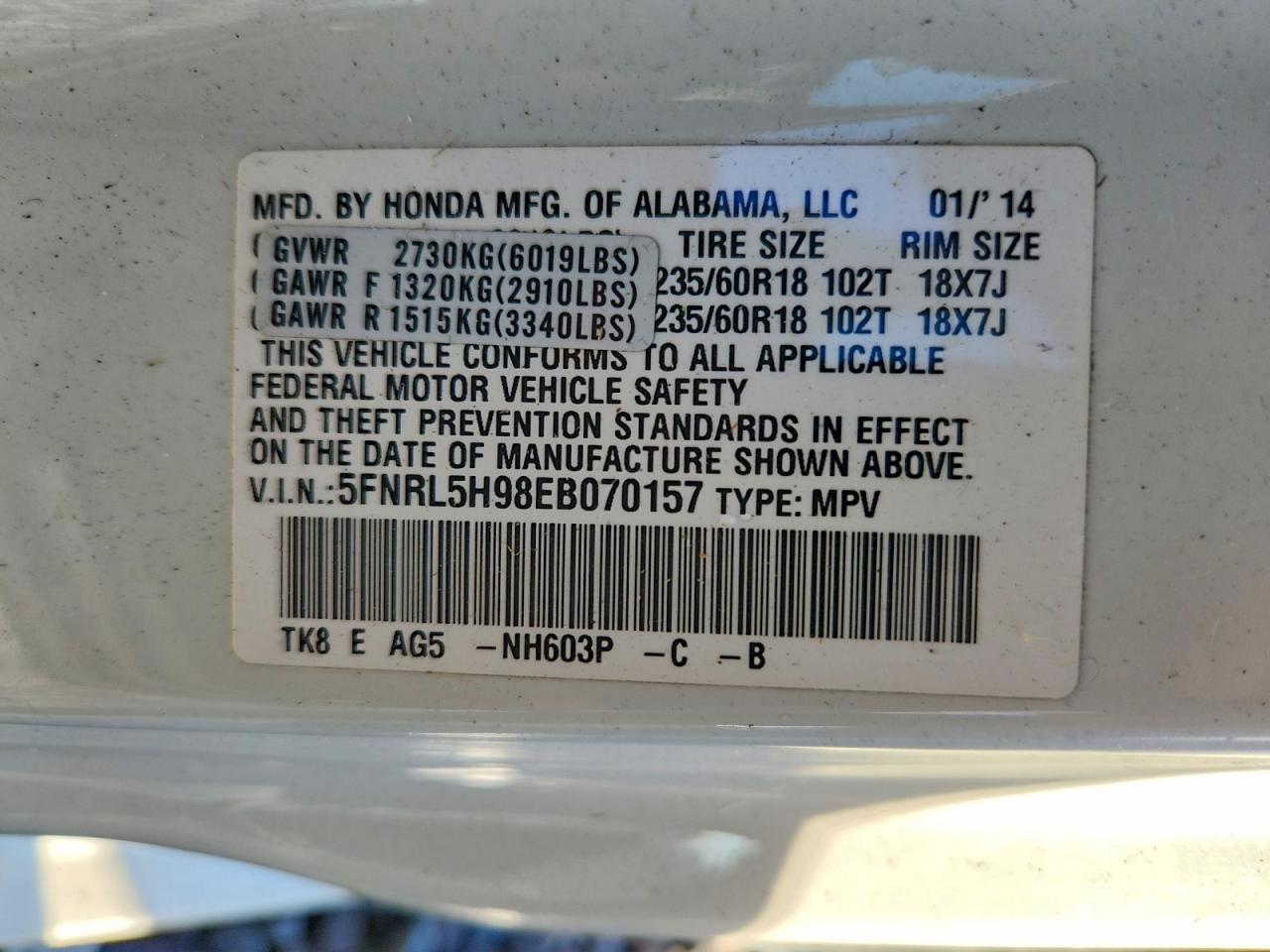 2014 Honda Odyssey Touring White vin: 5FNRL5H98EB070157