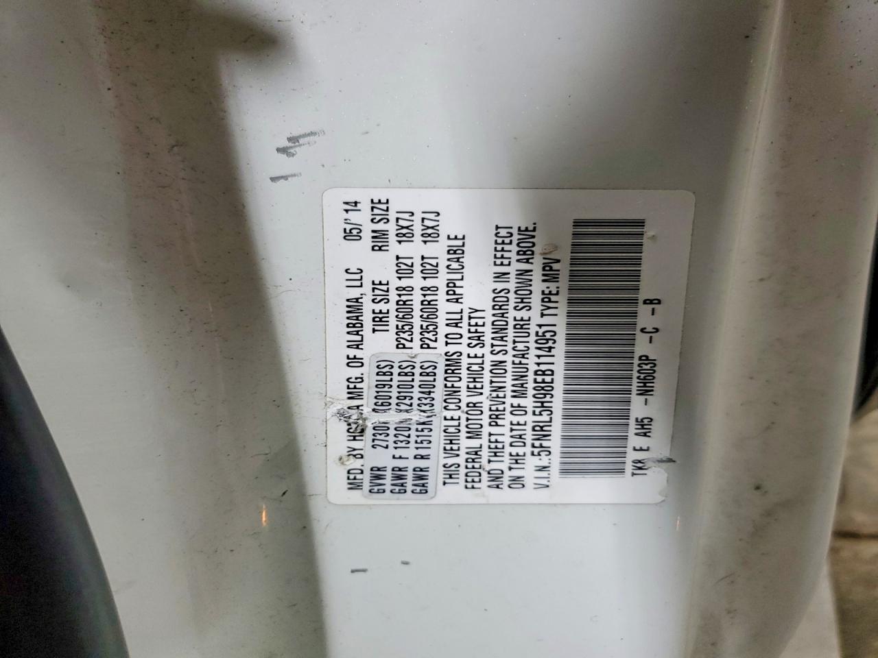 2014 Honda Odyssey Touring/touring Elite Белый vin: 5FNRL5H98EB114951