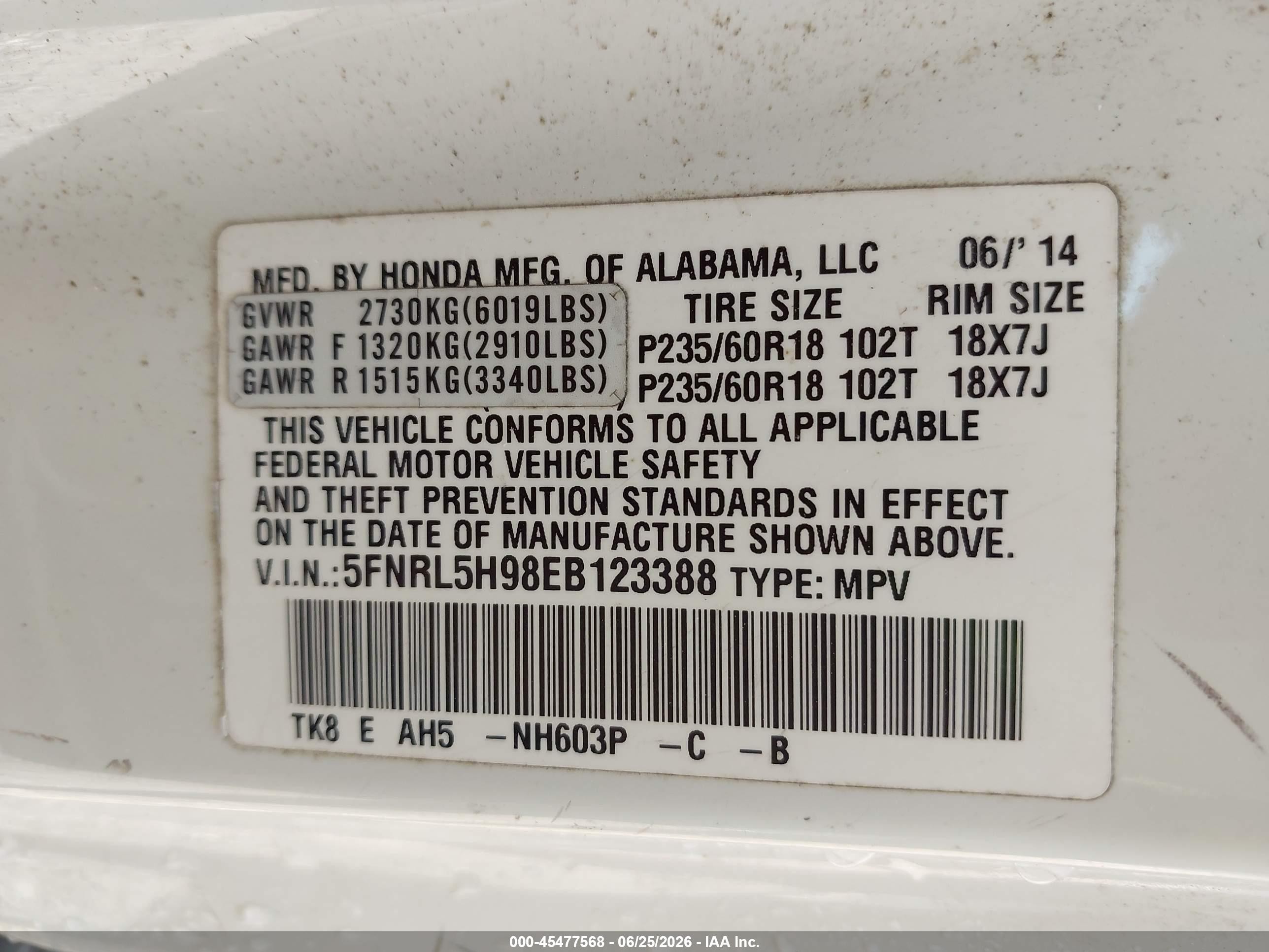 2014 Honda Odyssey Touring/touring Elite White vin: 5FNRL5H98EB123388