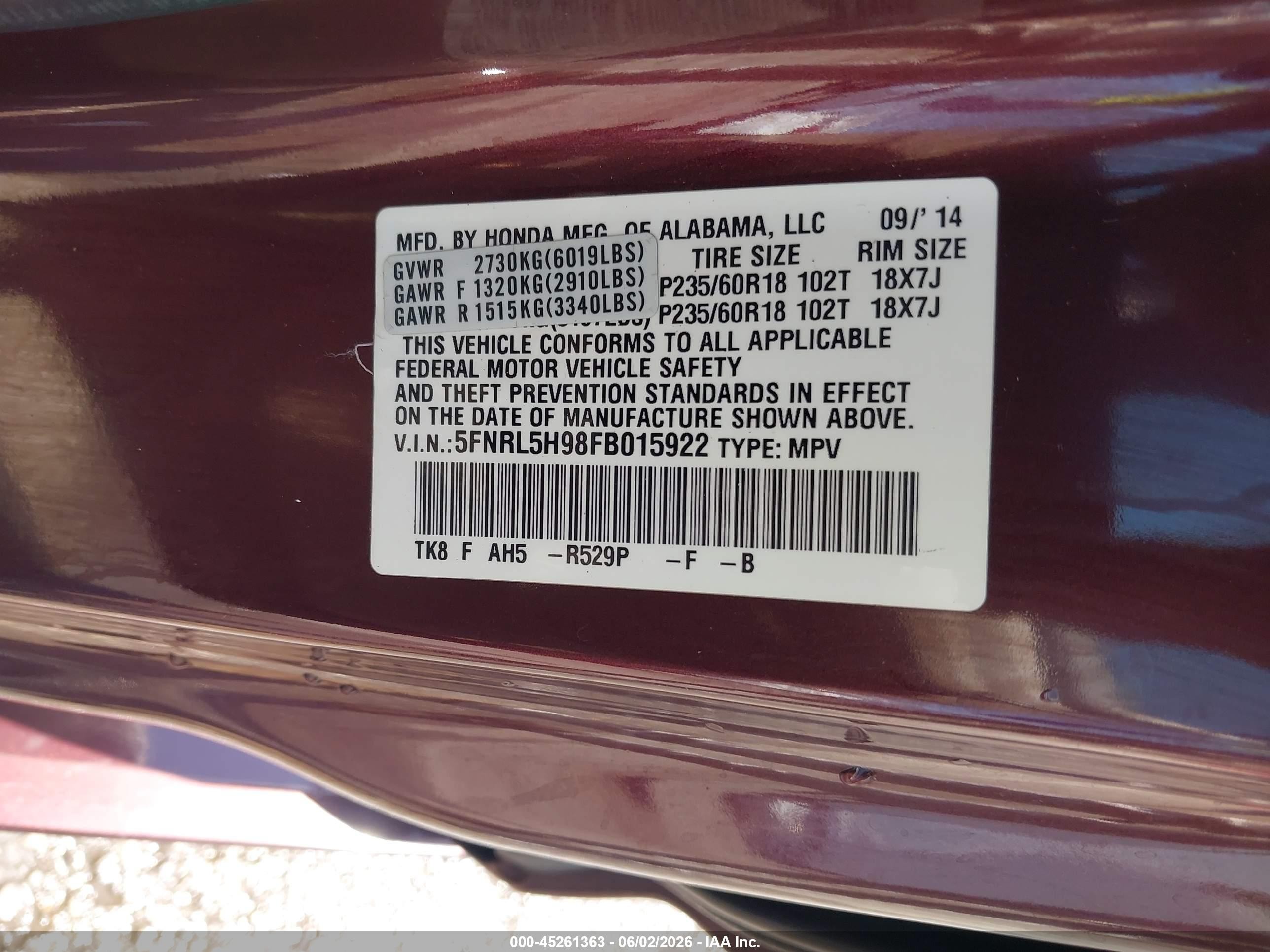 2015 Honda Odyssey Touring/touring Elite Maroon vin: 5FNRL5H98FB015922