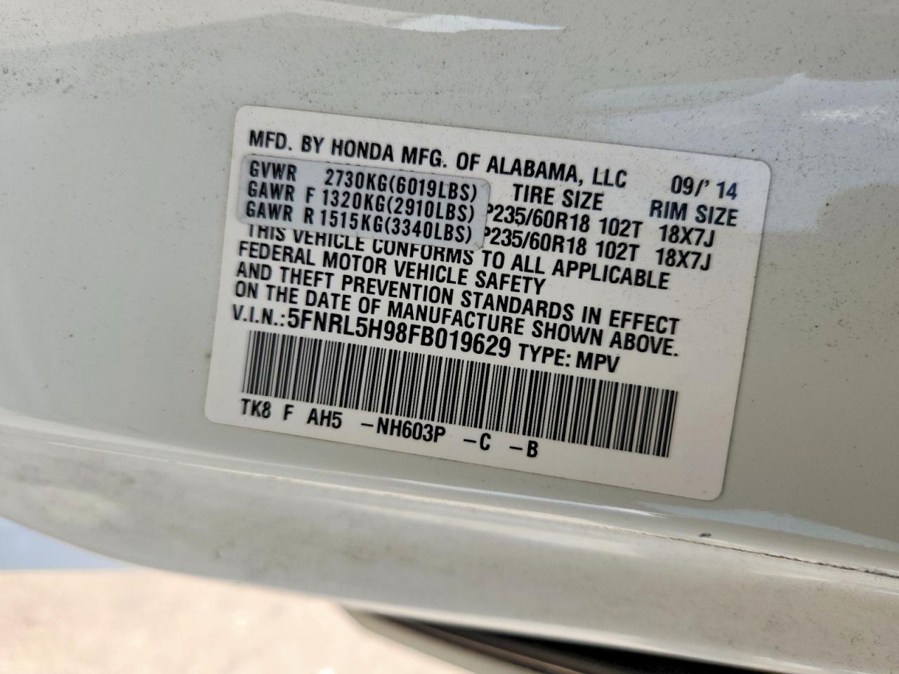 2015 Honda Odyssey Touring White vin: 5FNRL5H98FB019629