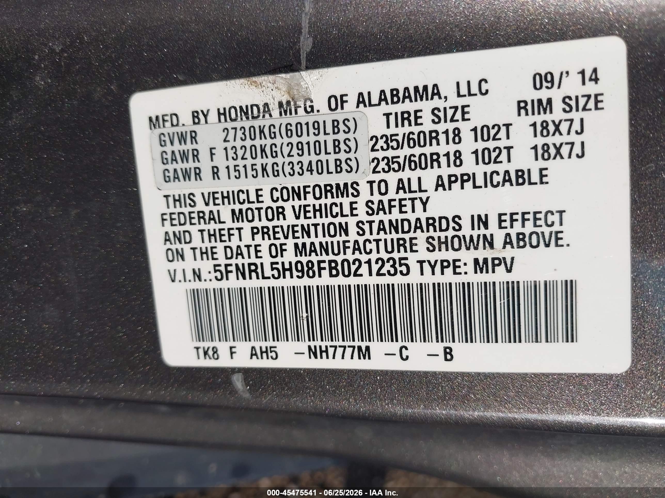 2015 Honda Odyssey Touring/touring Elite Gray vin: 5FNRL5H98FB021235