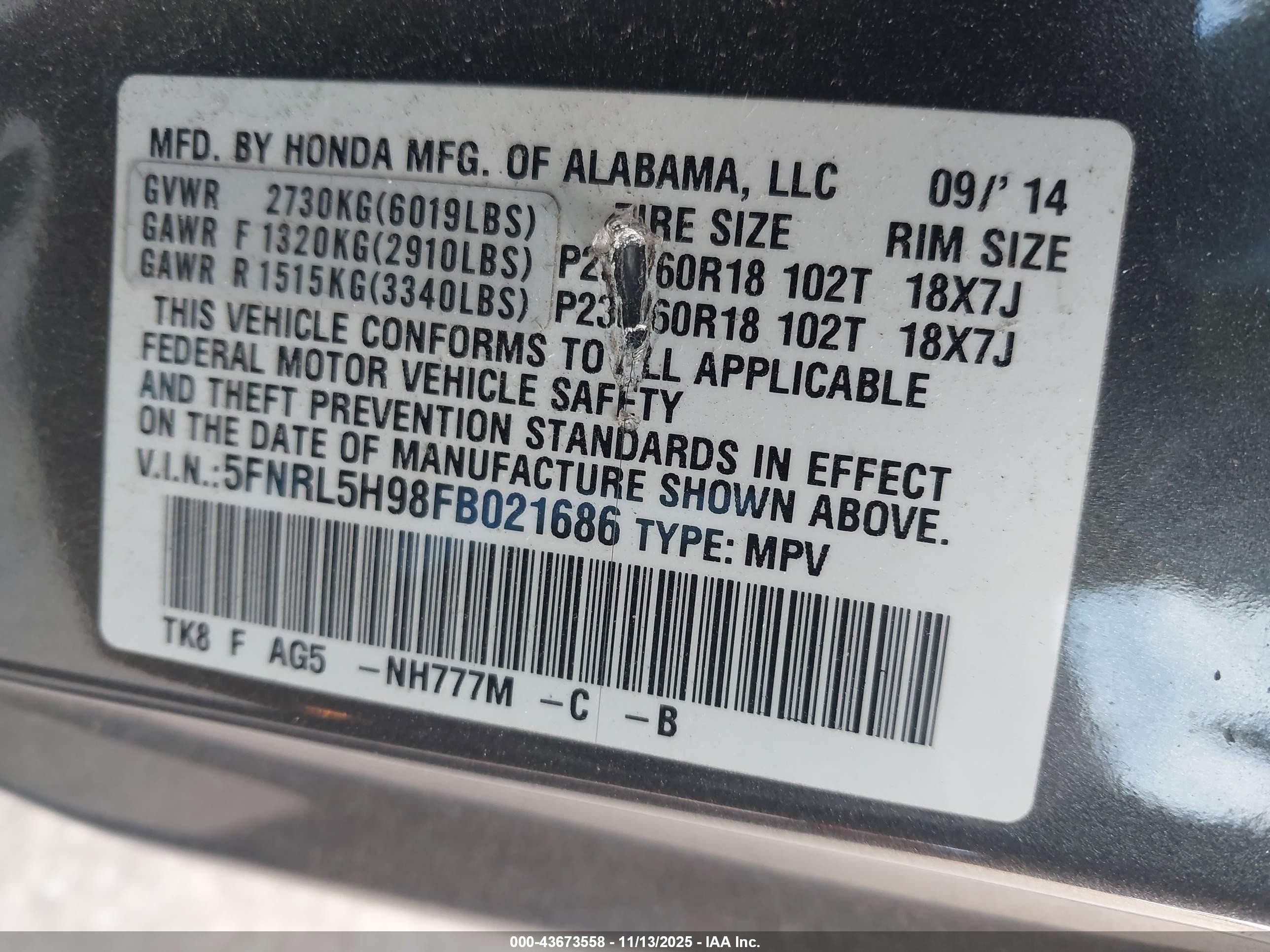2015 Honda Odyssey Touring/touring Elite Серый vin: 5FNRL5H98FB021686