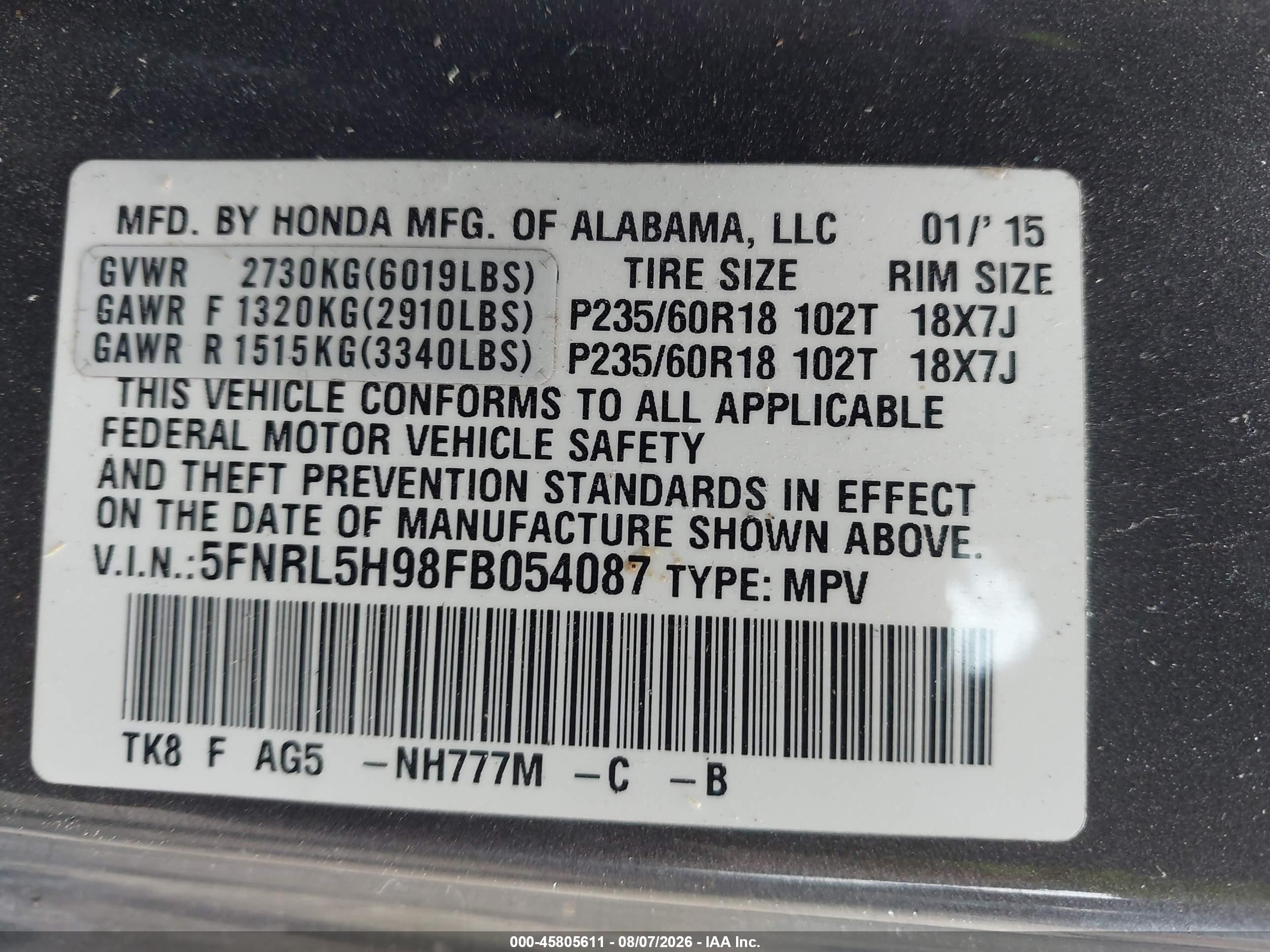 2015 Honda Odyssey Touring/touring Elite Gray vin: 5FNRL5H98FB054087