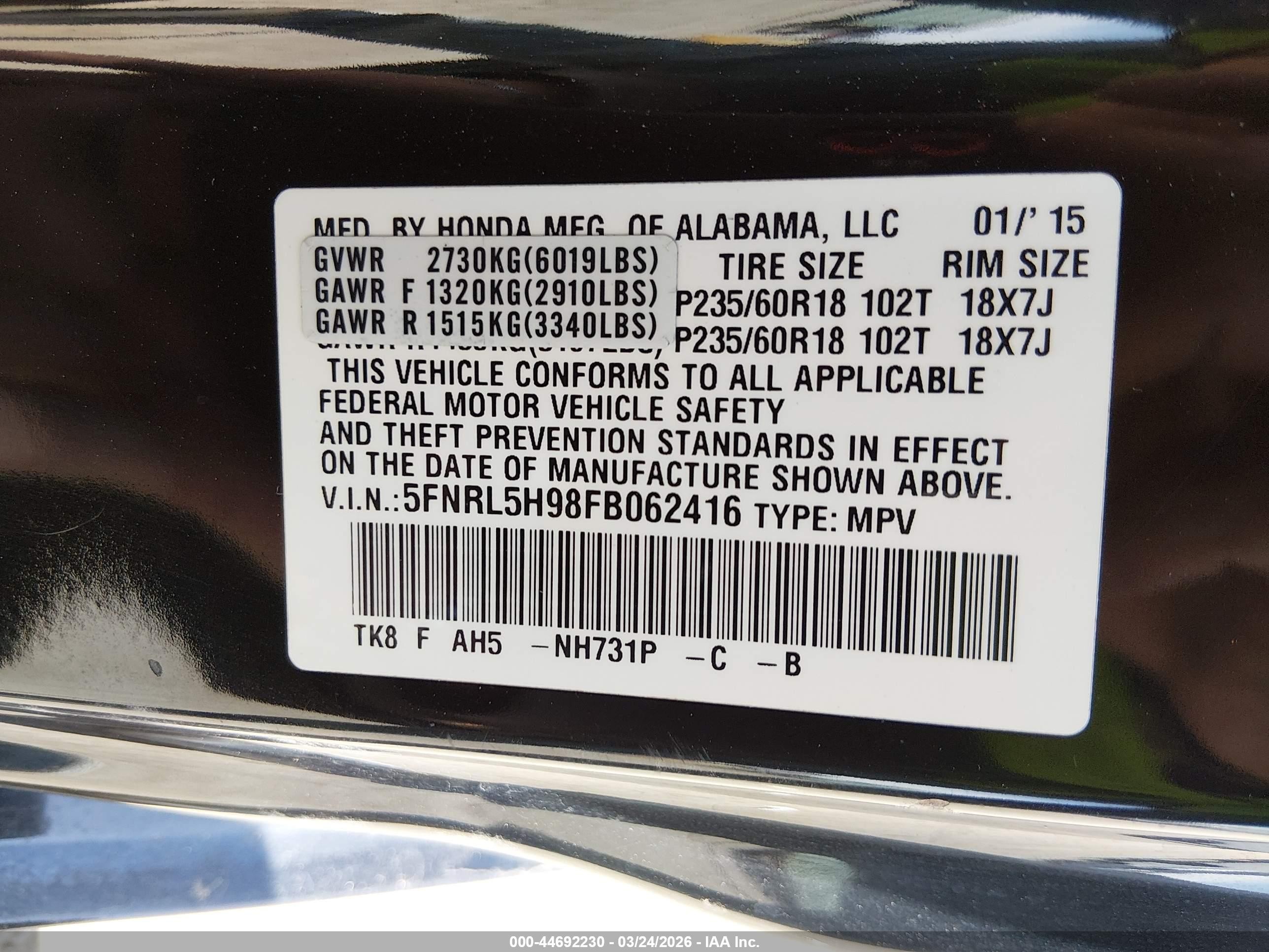 2015 Honda Odyssey Touring/touring Elite Black vin: 5FNRL5H98FB062416