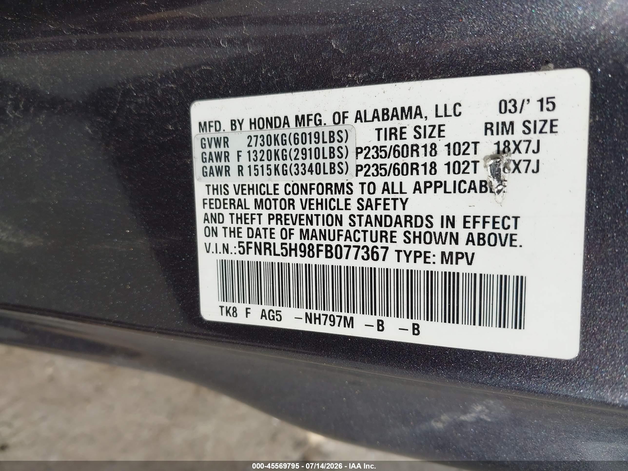 2015 Honda Odyssey Touring/touring Elite Gray vin: 5FNRL5H98FB077367